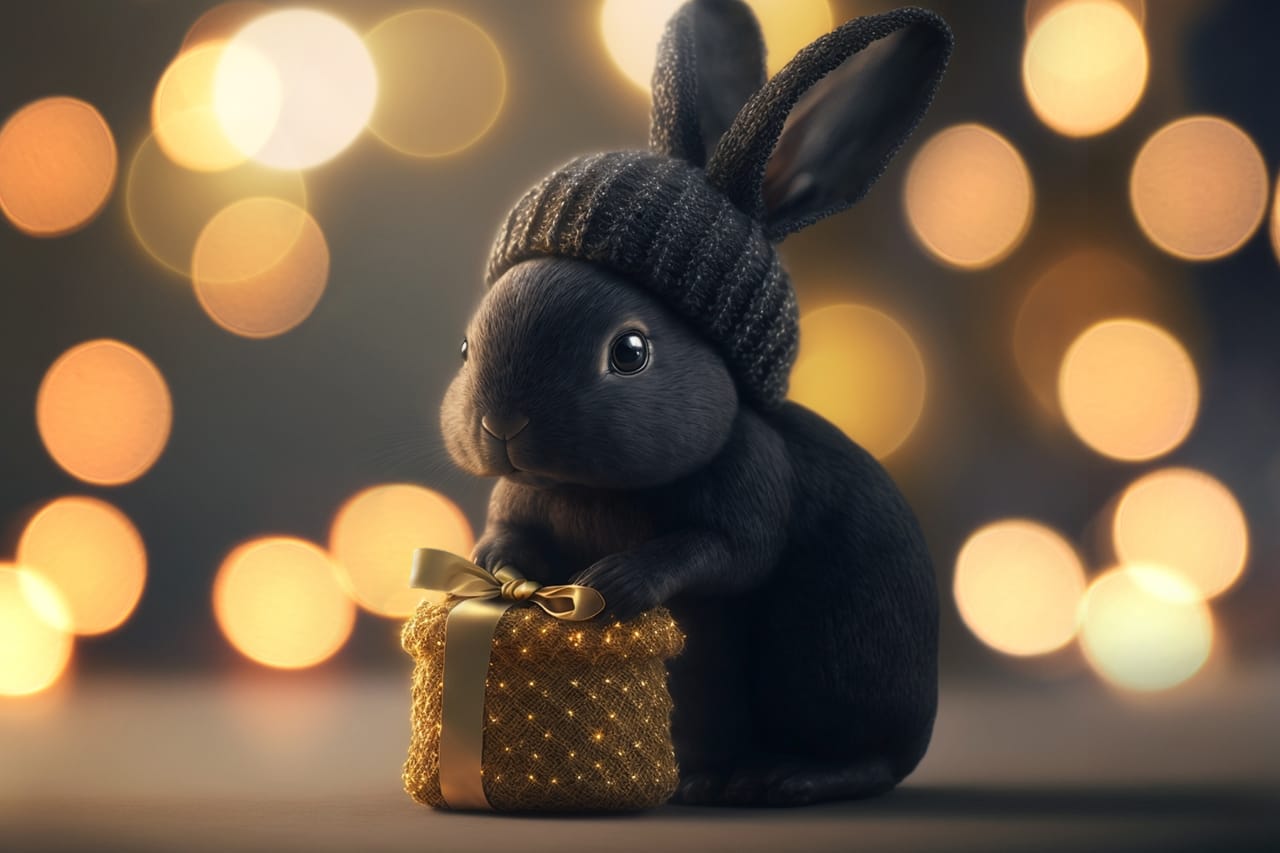 Related image funny cute black rabbit with knitted hat holds golden gift with bow background yellow bokeh lights new year