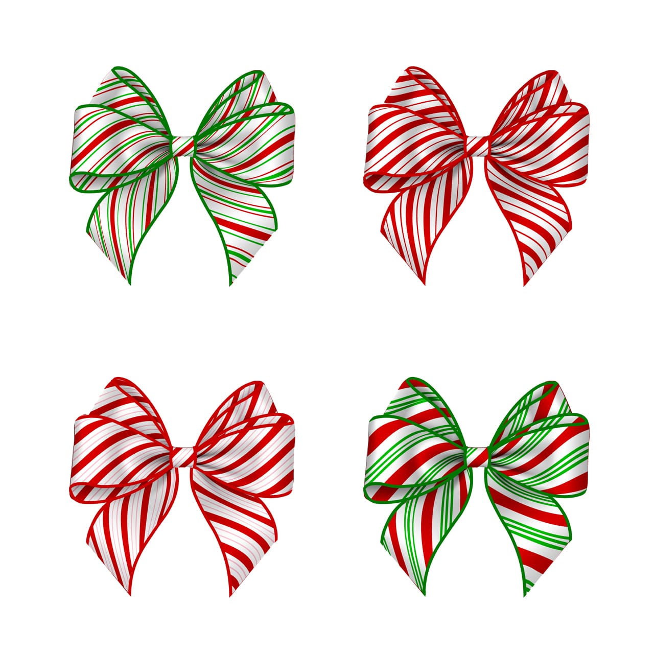 Set isolated christmas bows with candy cane texture striped bow christmas decorations