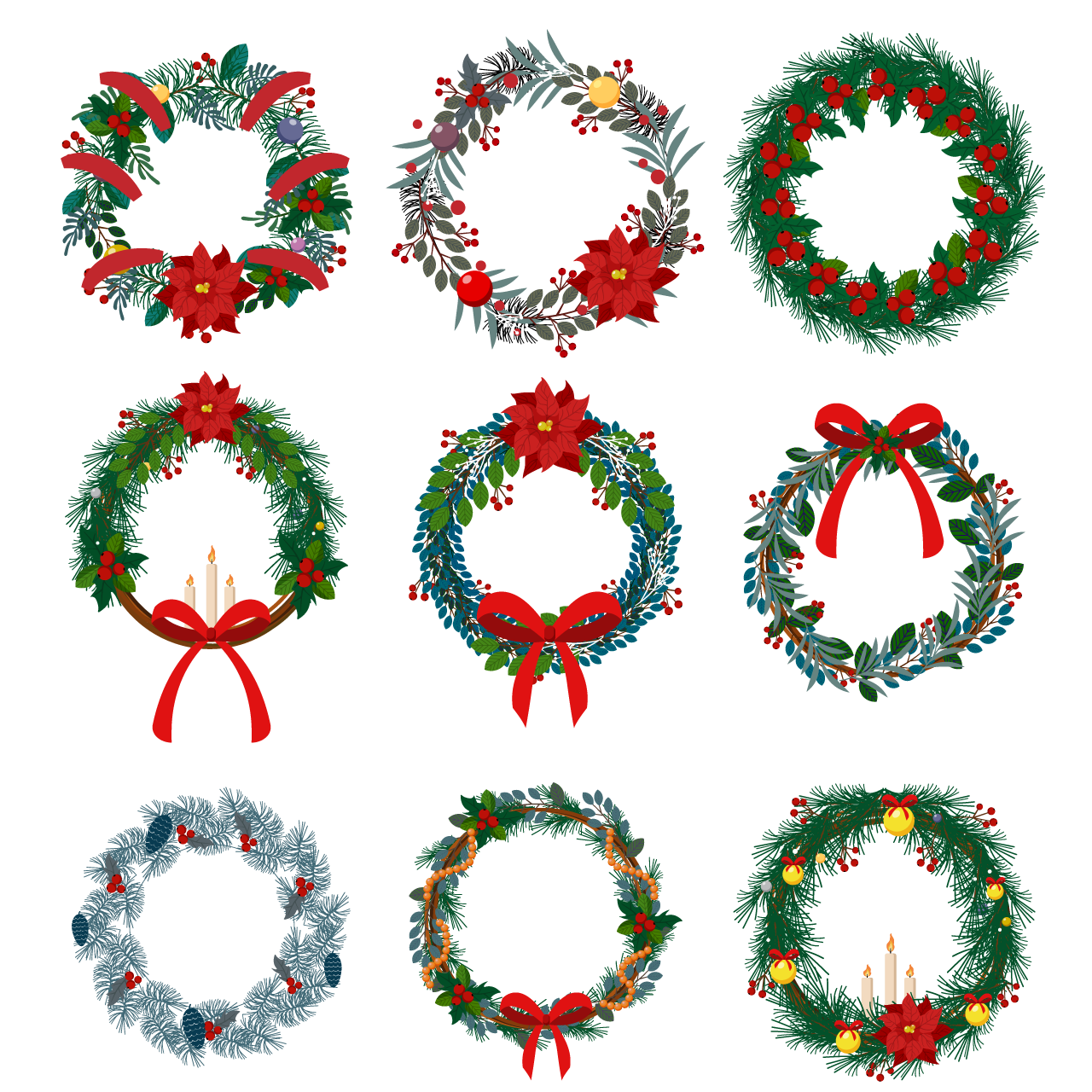 Set realistic christmas wreaths decoration hand drawing sketch transparent background png