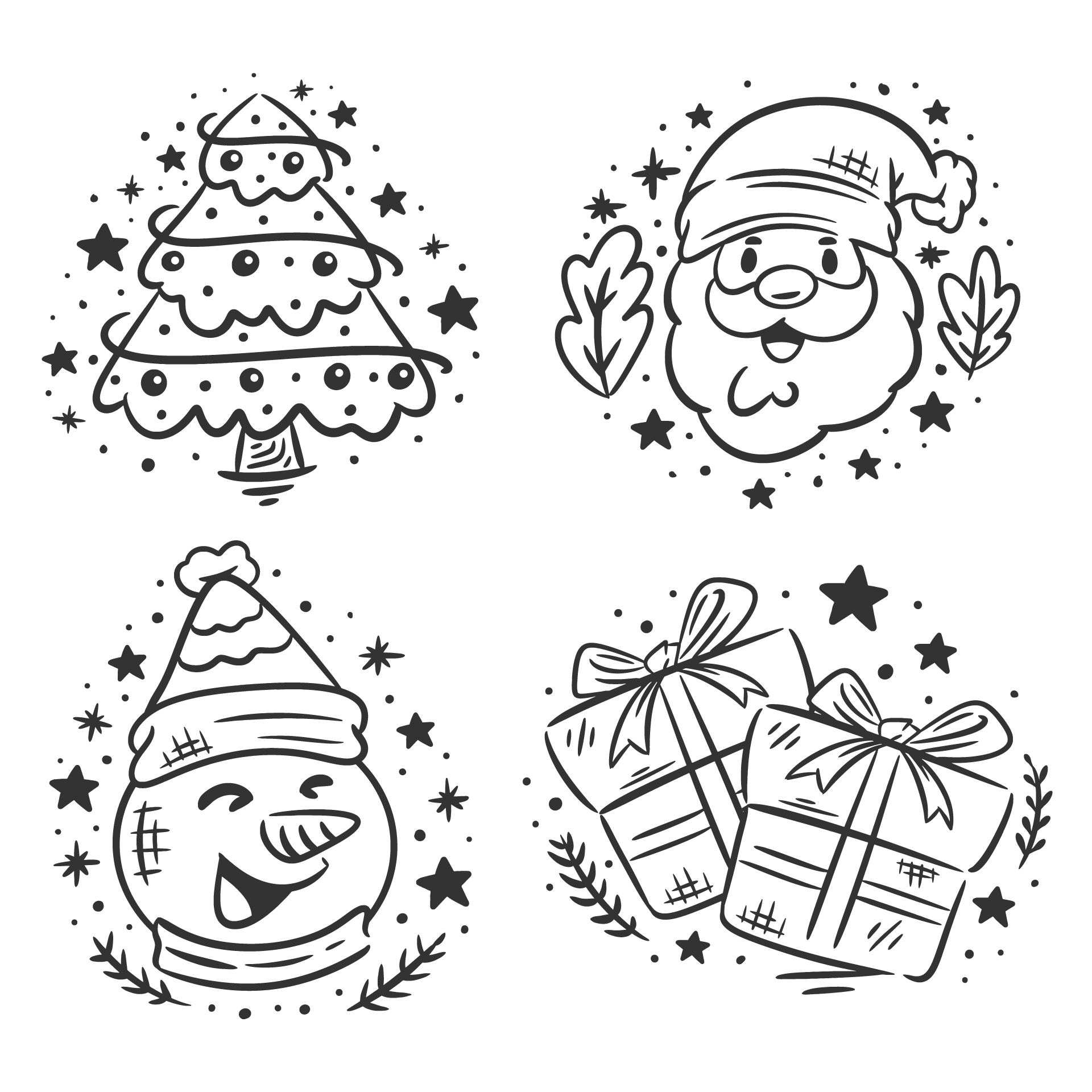 Christmas element set hand drawn coloring santa clipart black and white