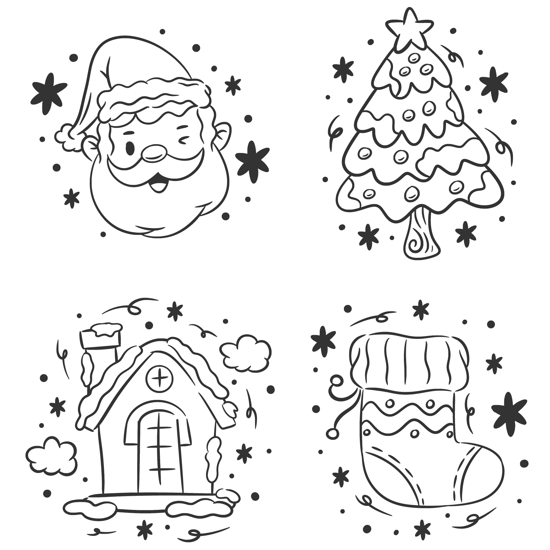 Christmas icon set hand drawn coloring santa clipart black and white