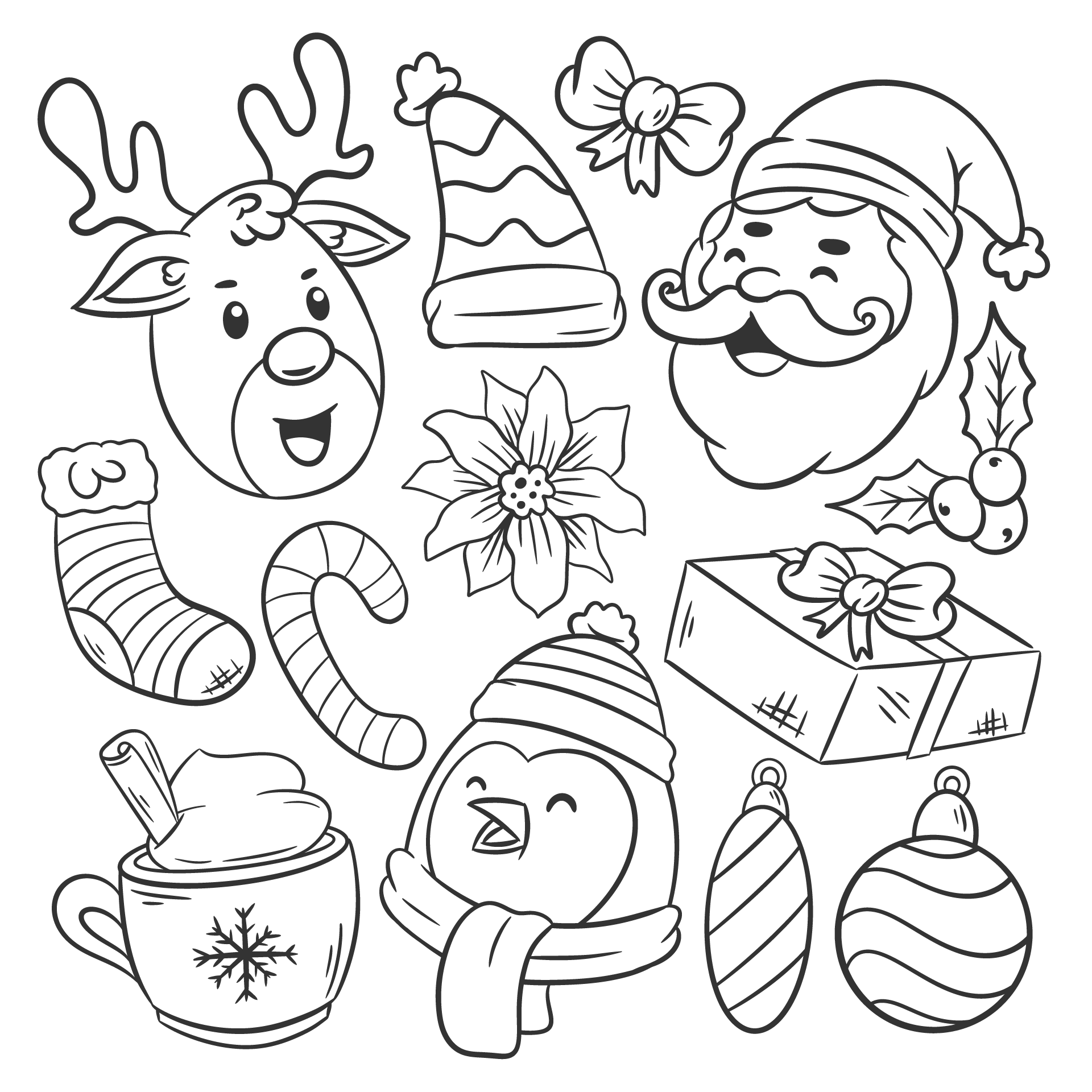 Hand drawn coloring christmas elements items set