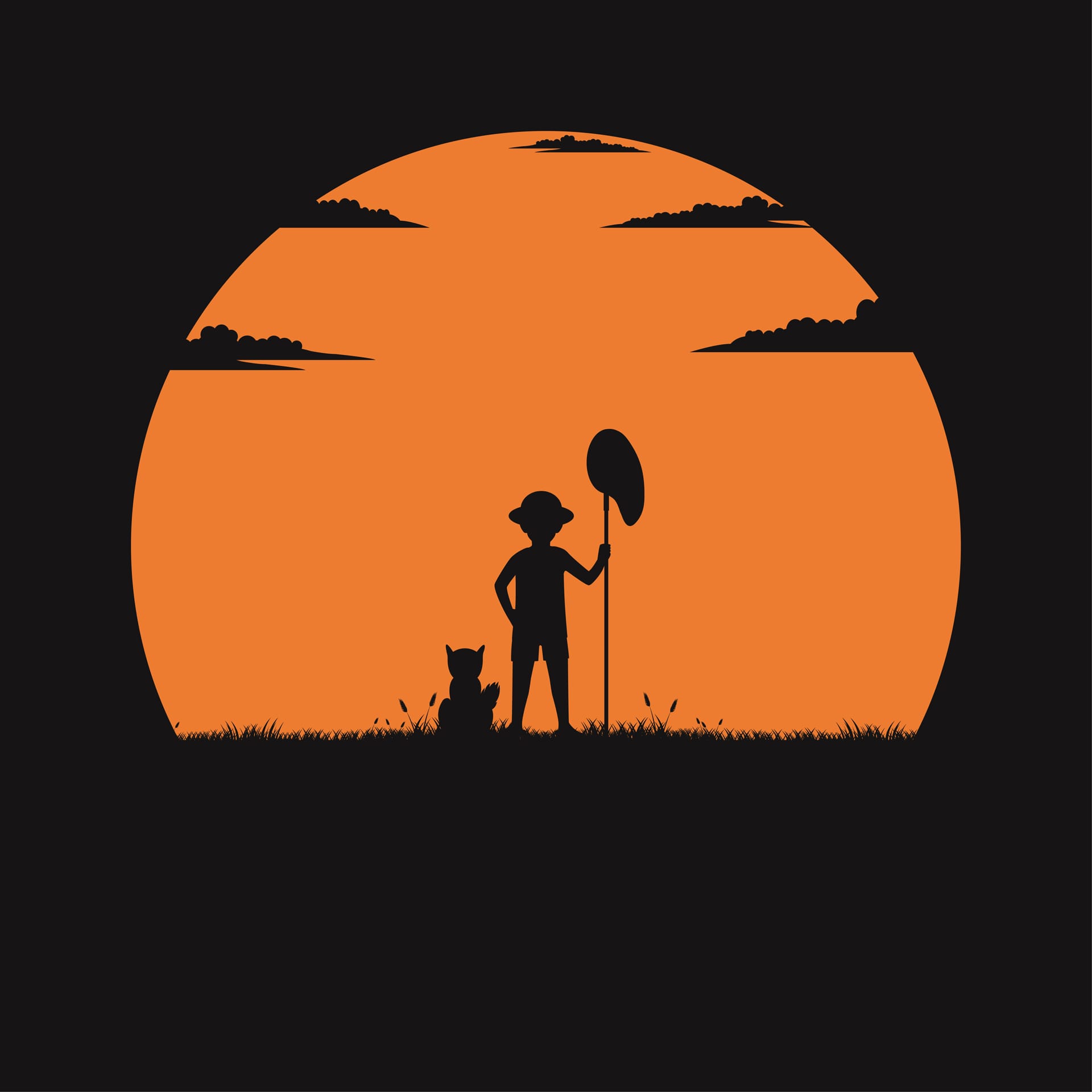 Boy with dog sunset silhouette clip art