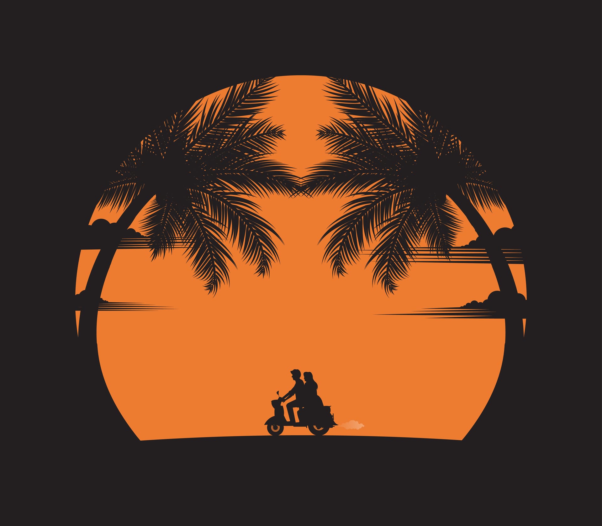 Couple driving motorbike lovers beach sunset background