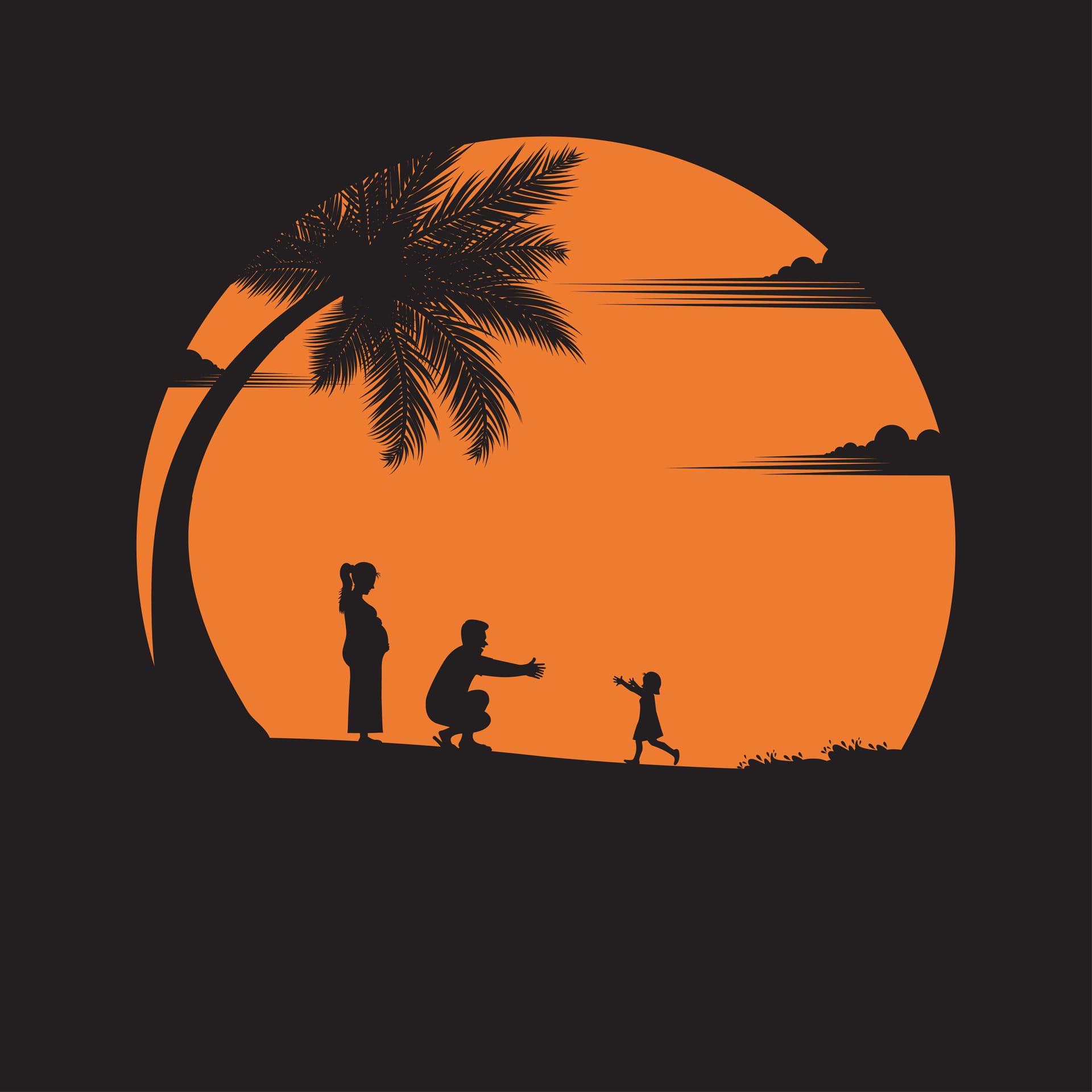 Father mother baby daughter with fun along edge sunset sand