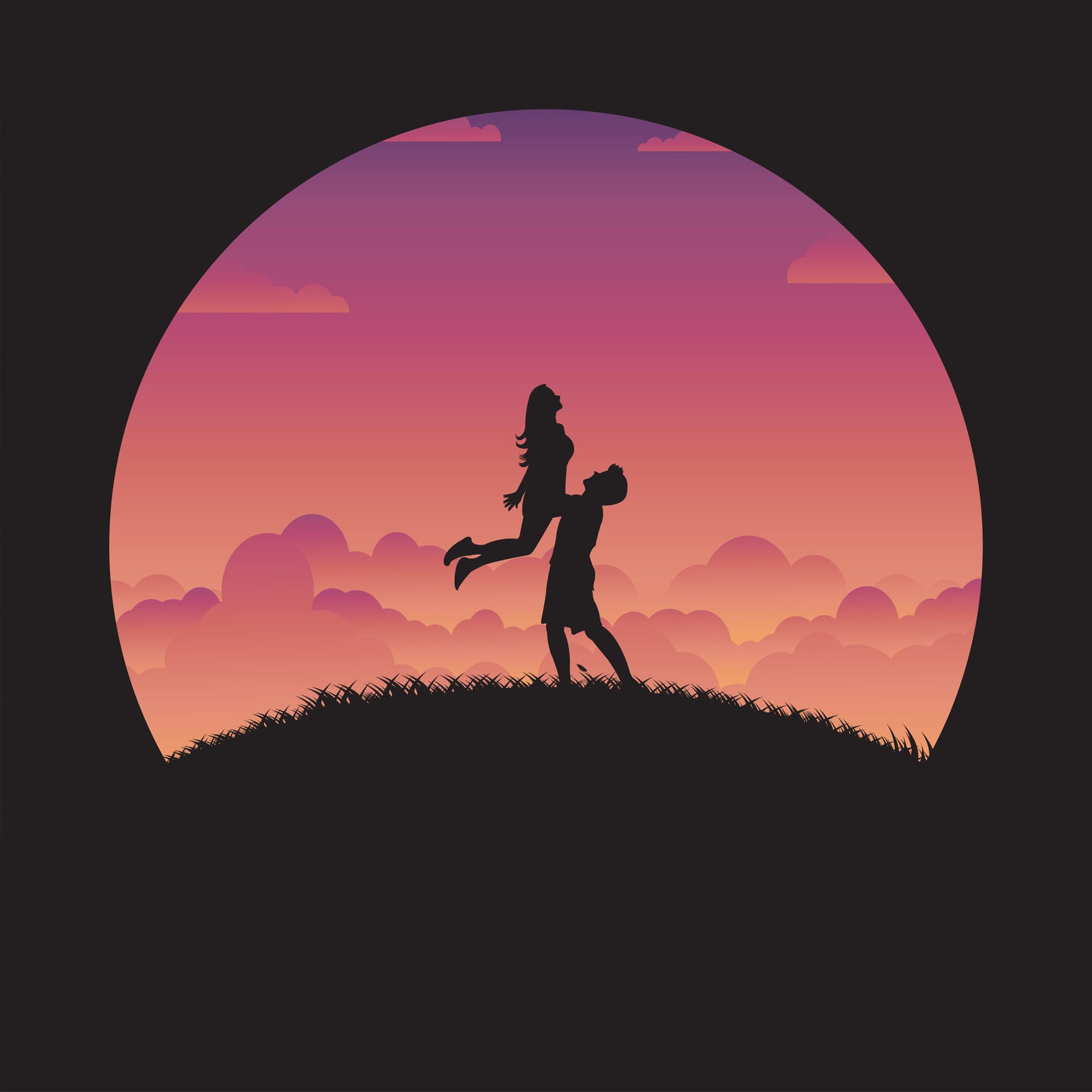 Silhouette happy couple love with sunset