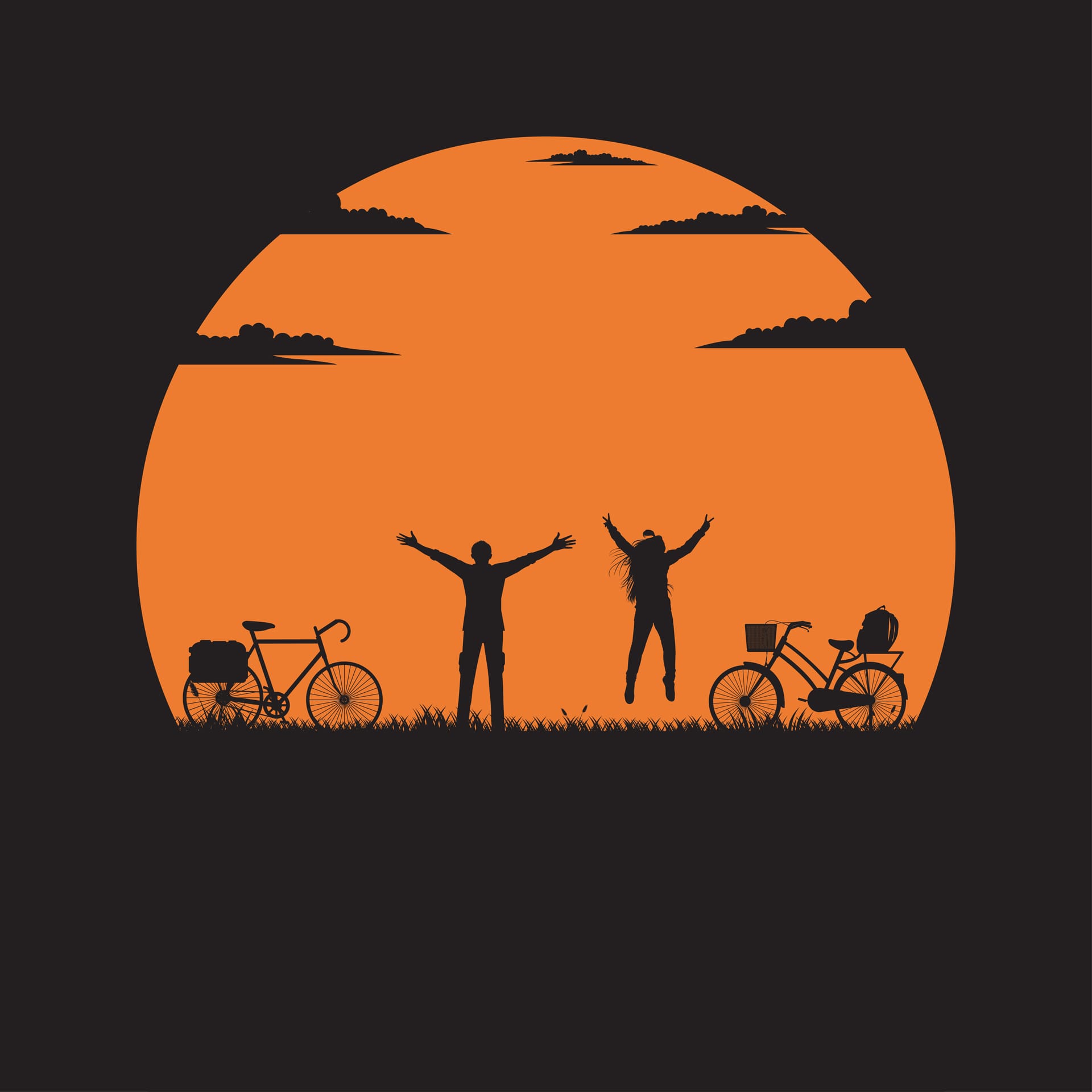 Silhouette man woman stand raising hand meadow with sunset