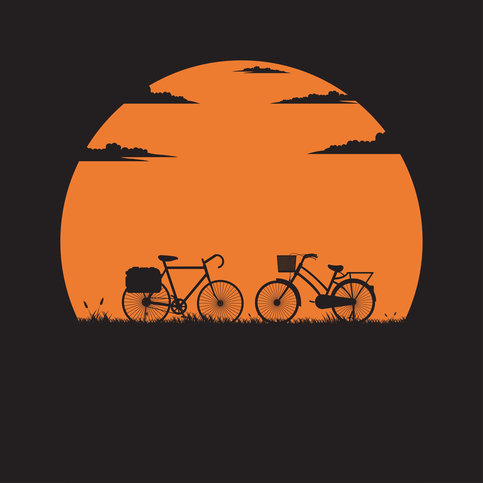 Silhouette two bike meadow with sunset background