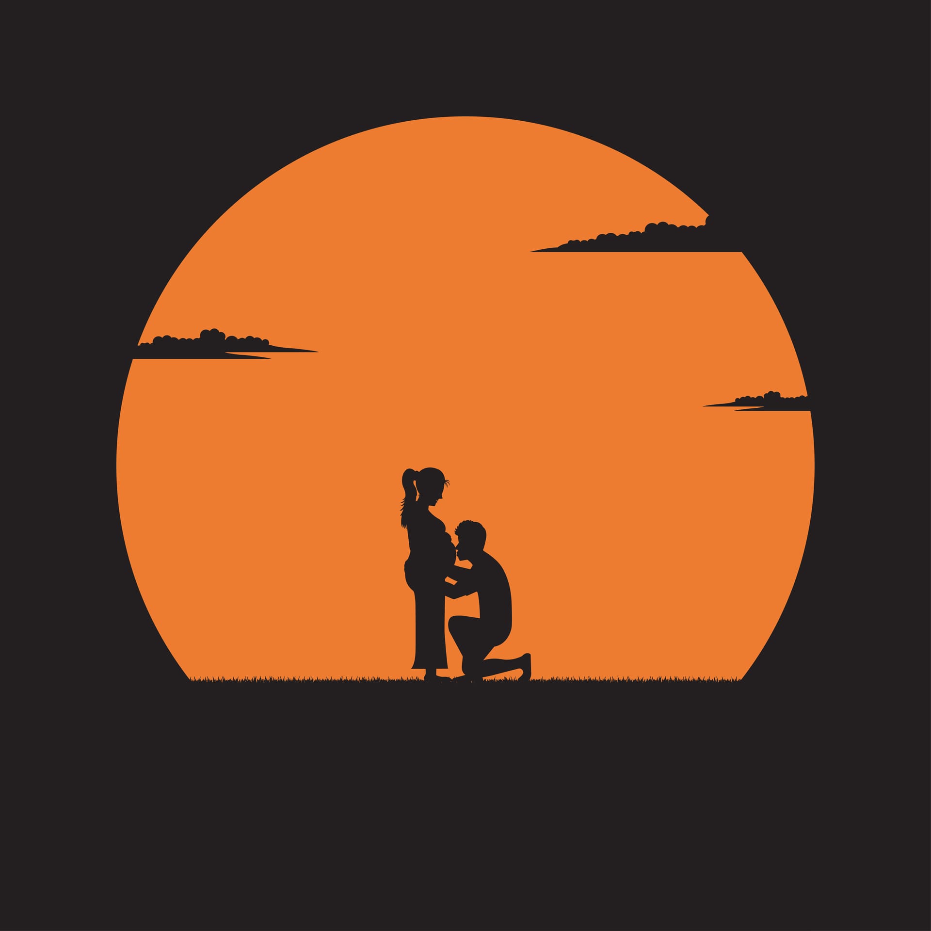 Silhouette young man kissing his pregnant wifes belly sunset