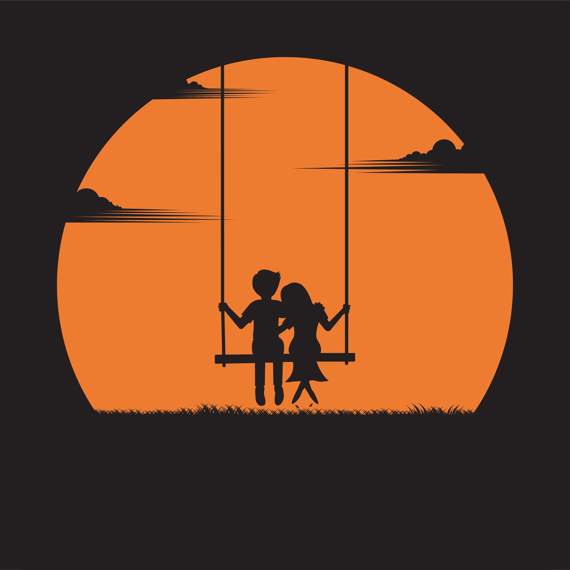 Valentines day concept couple sitting swing sunset background