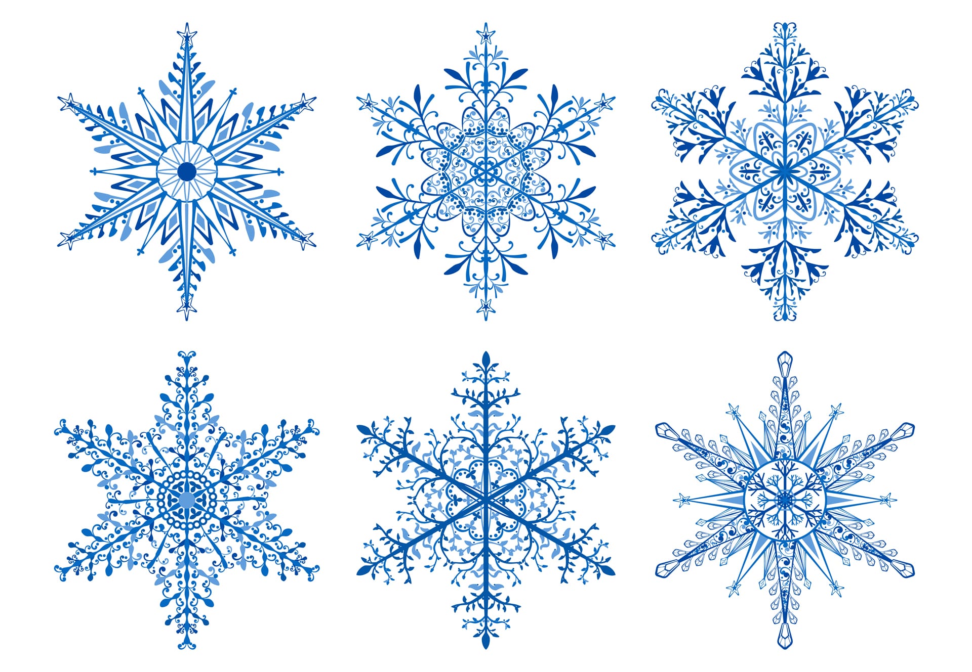 Set christmas snowflakes blue white background