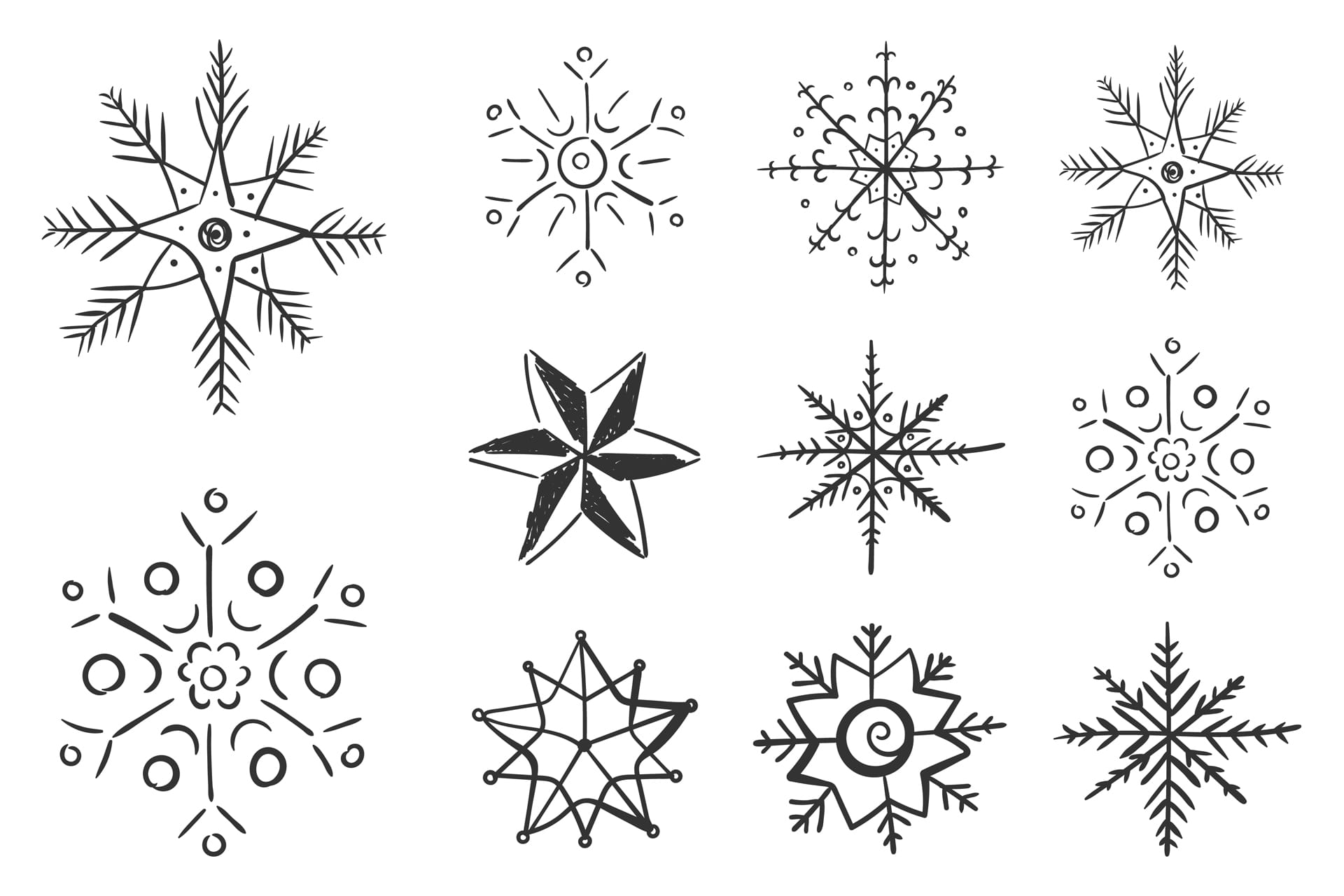 Set snowflakes doodle winter design snow flake hand drawn christmas