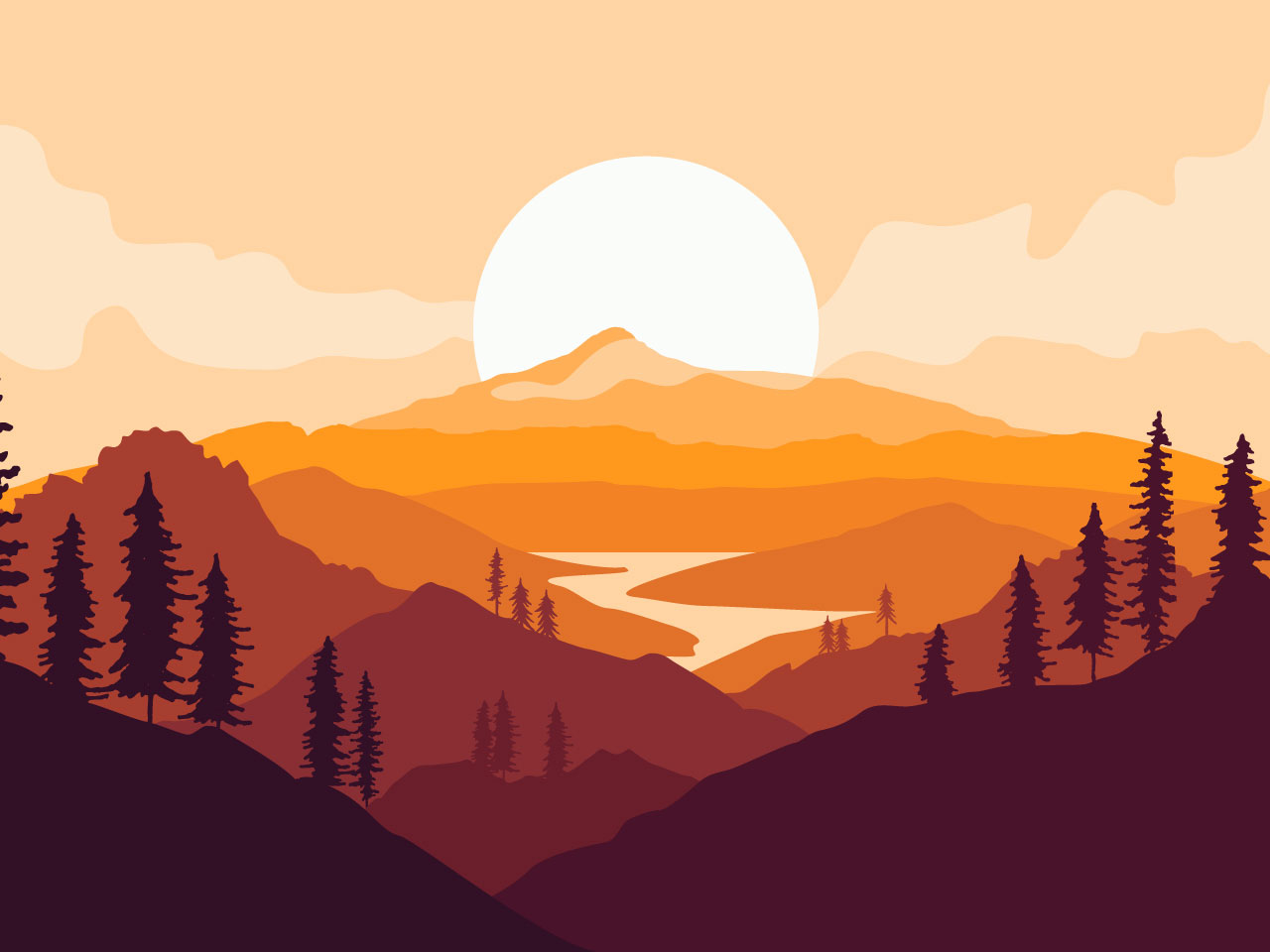 Mountains landscape with tree silhouettes river sunset