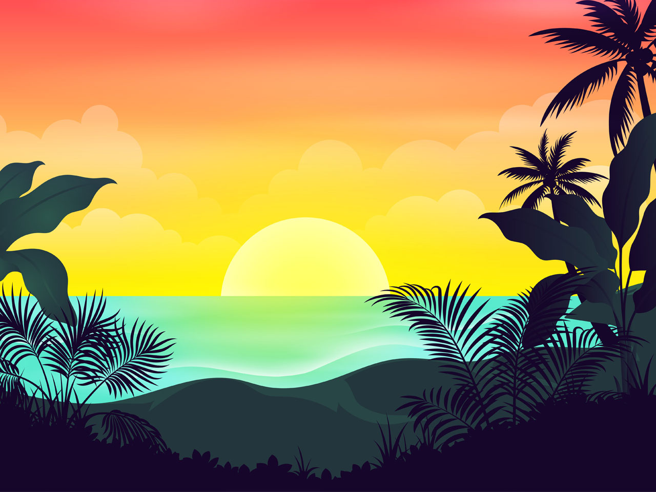 Ocean landscape sunset sunrise with tropical floral colorful sky