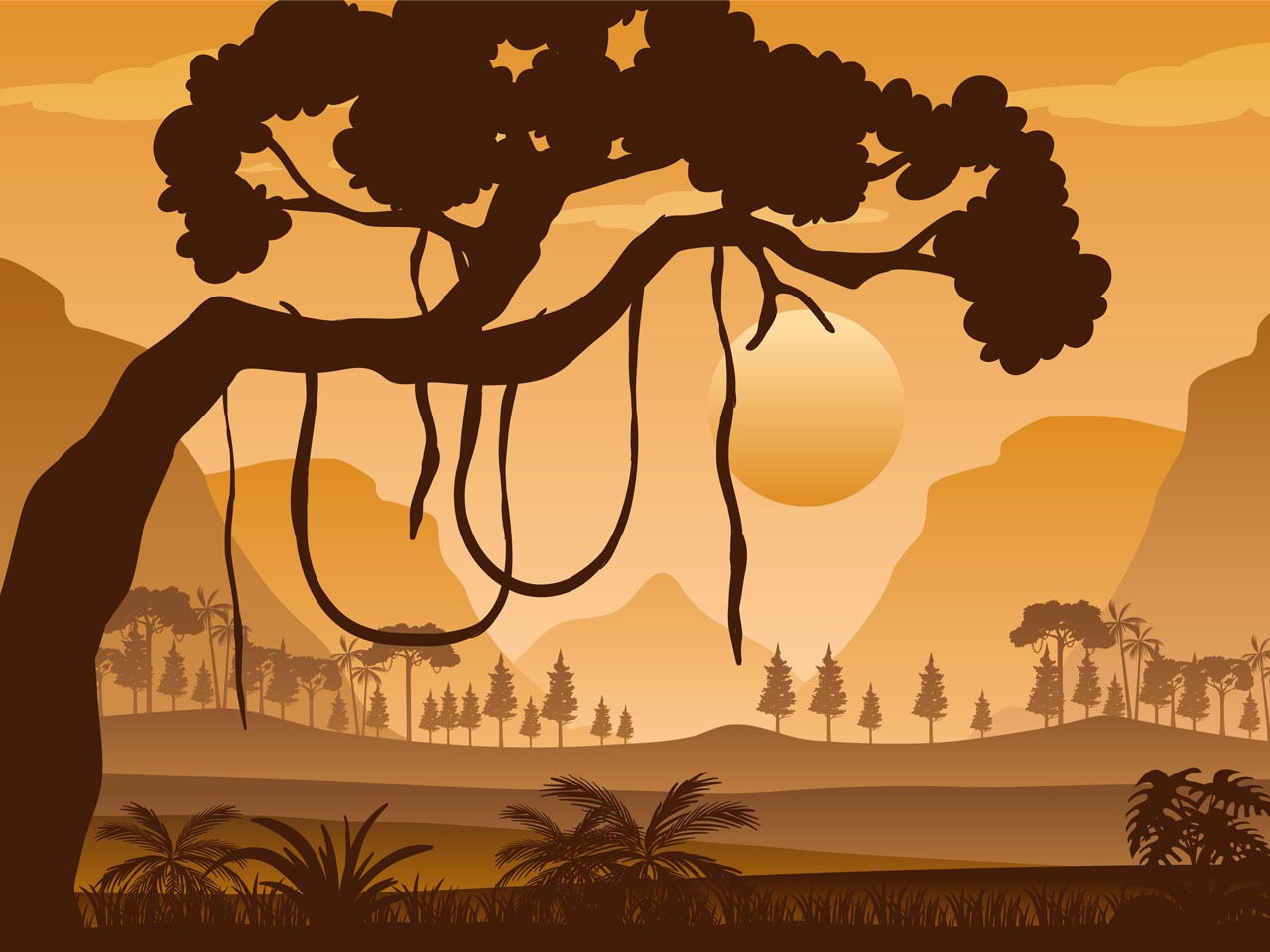 Silhouette forest landscape sunset hand drawing sketch