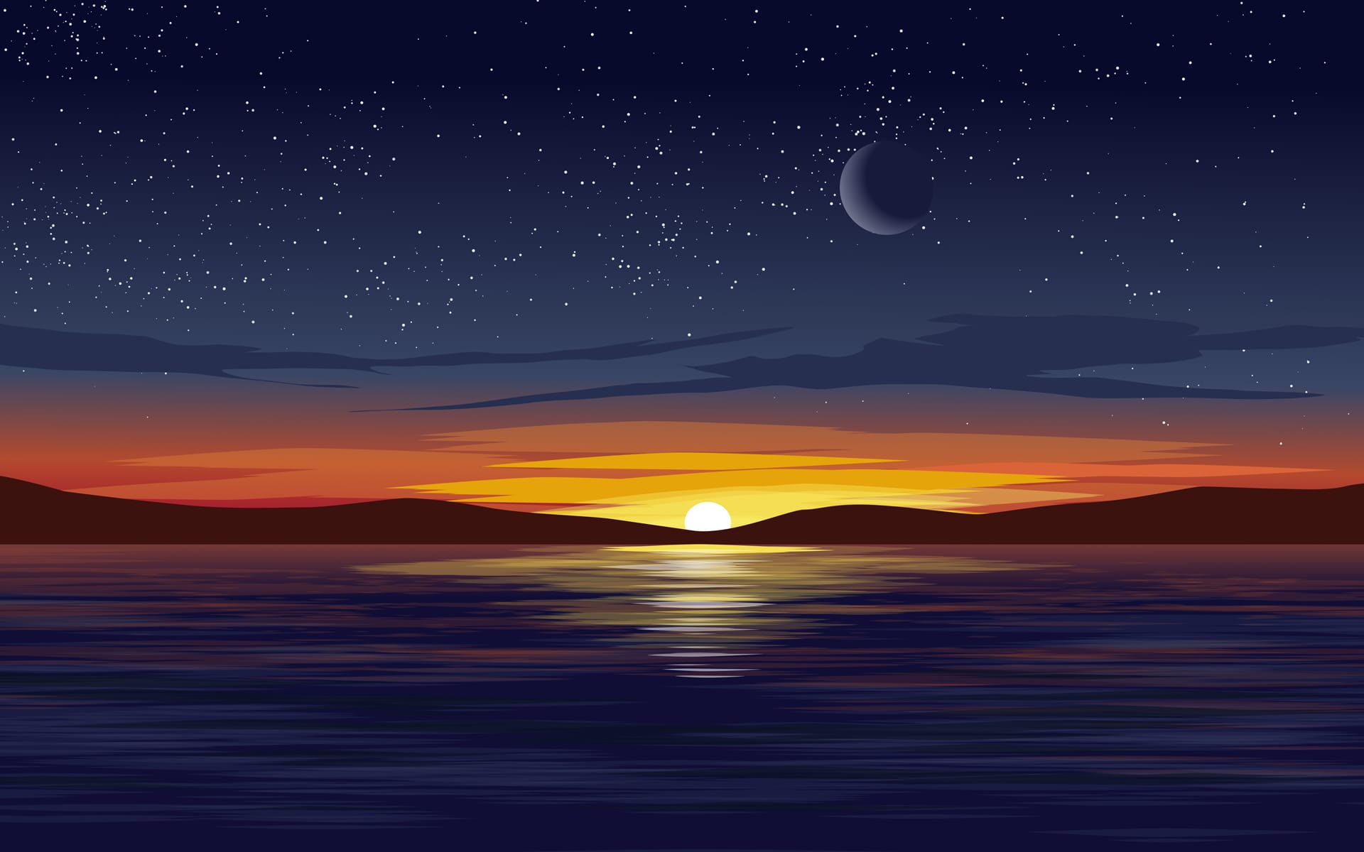 Calm sunset ocean with island moon stars