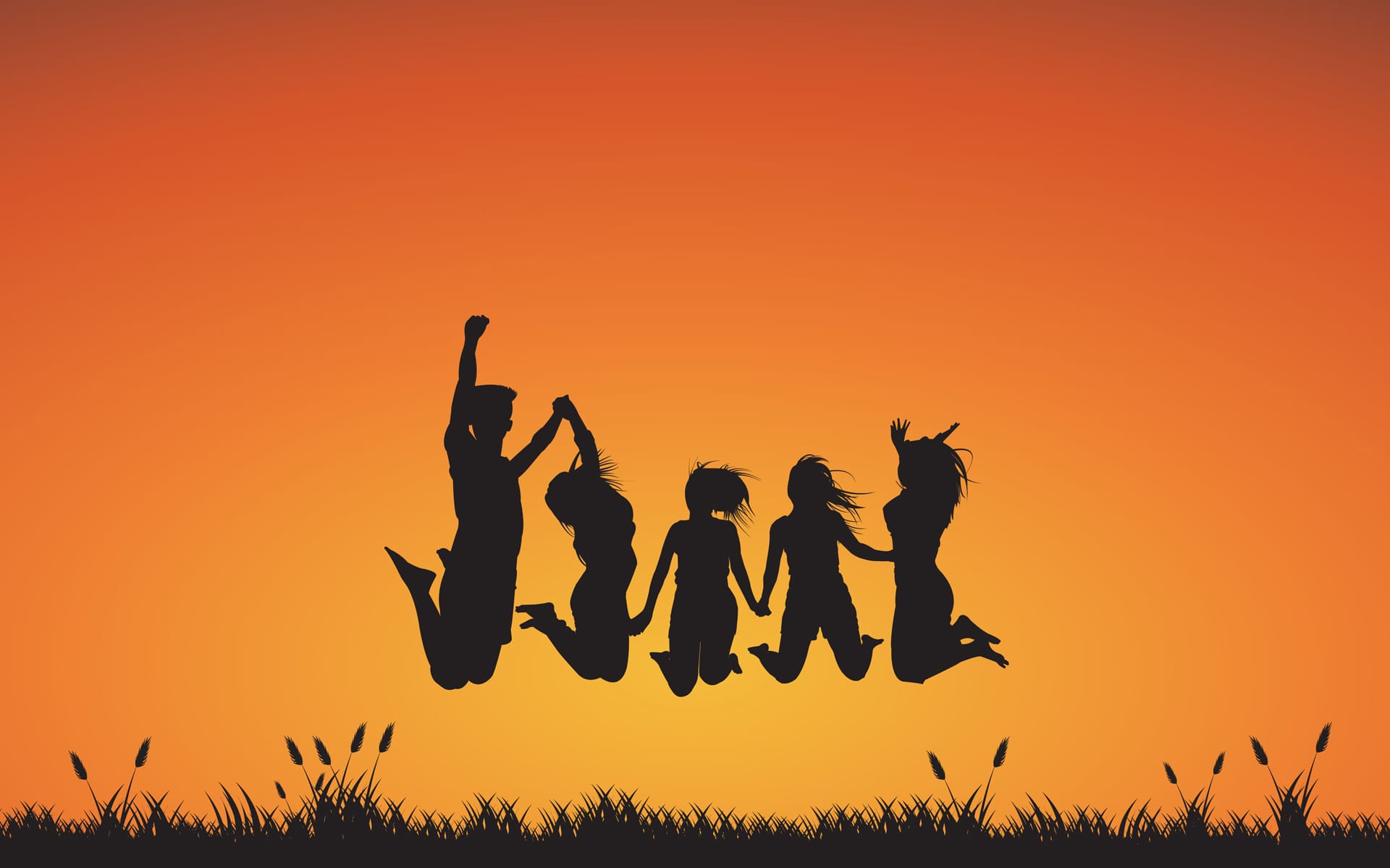 Silhouette group boy girl jumping nature sunset background