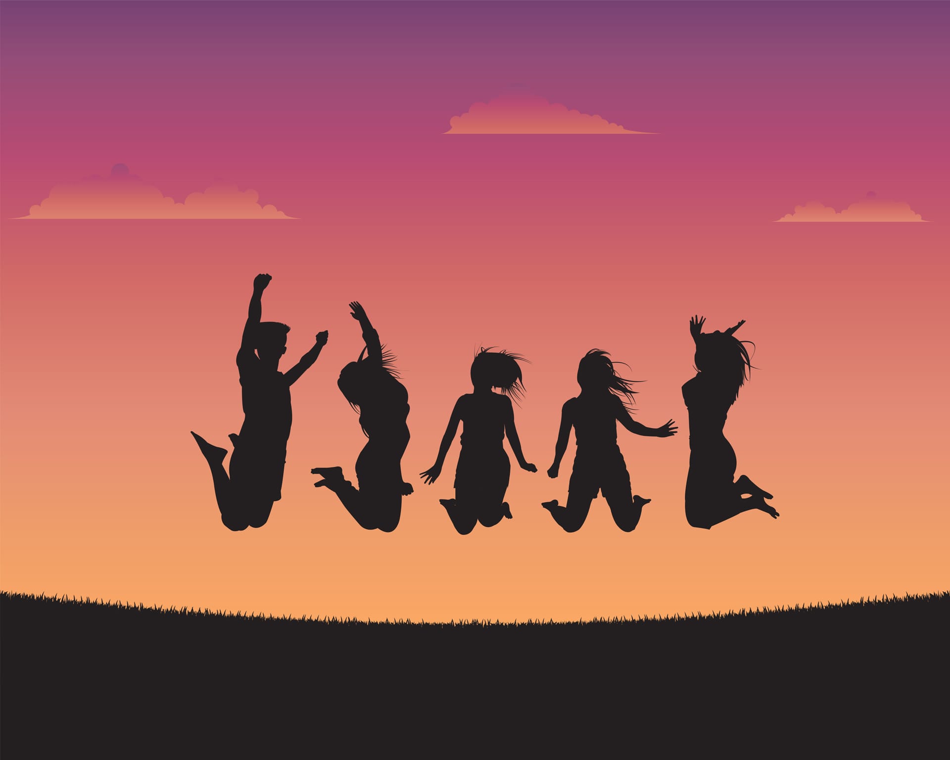 Silhouette happy young people sunset background