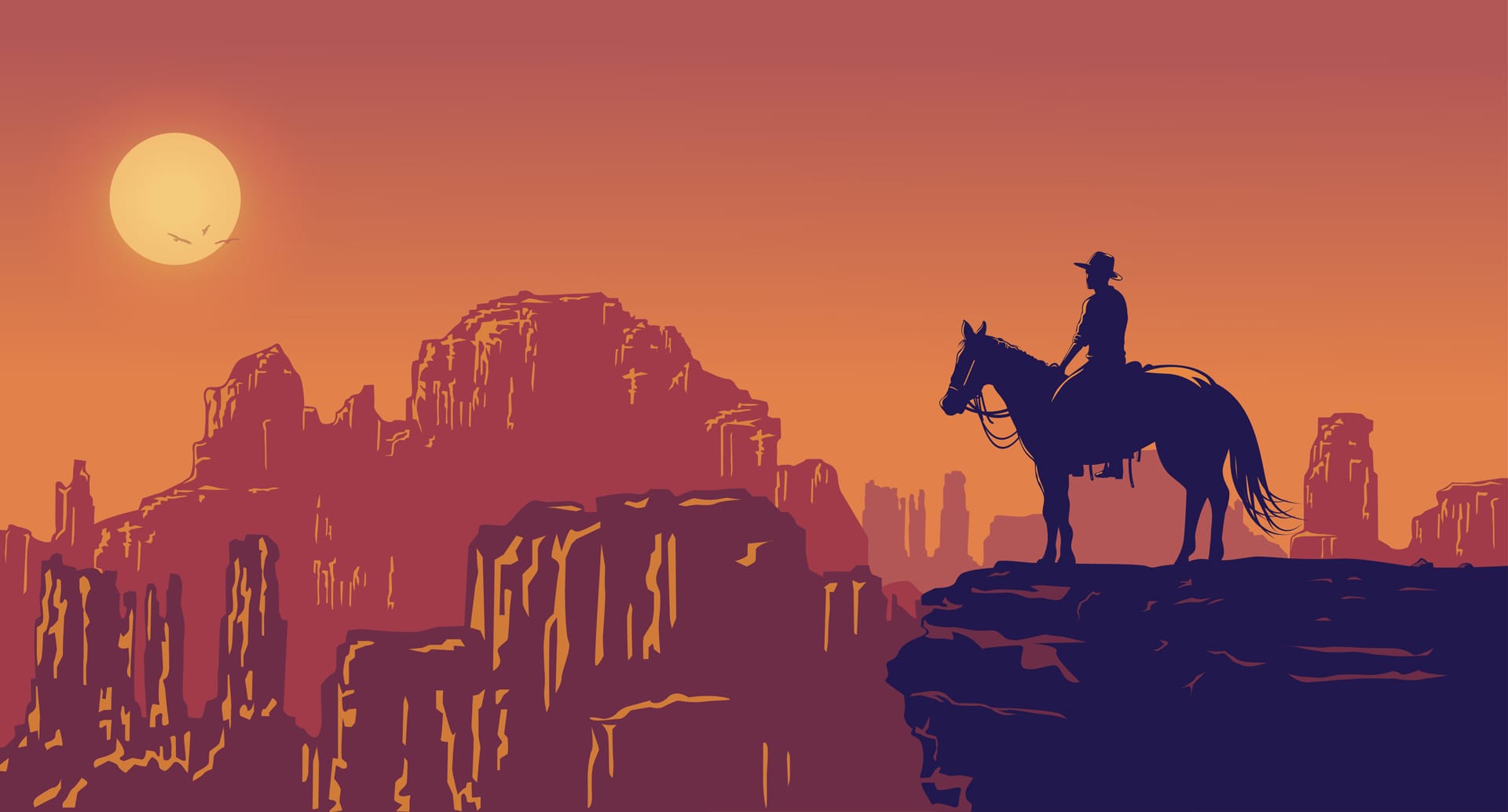 Silhouette lonesome cowboy riding horse sunset illustration