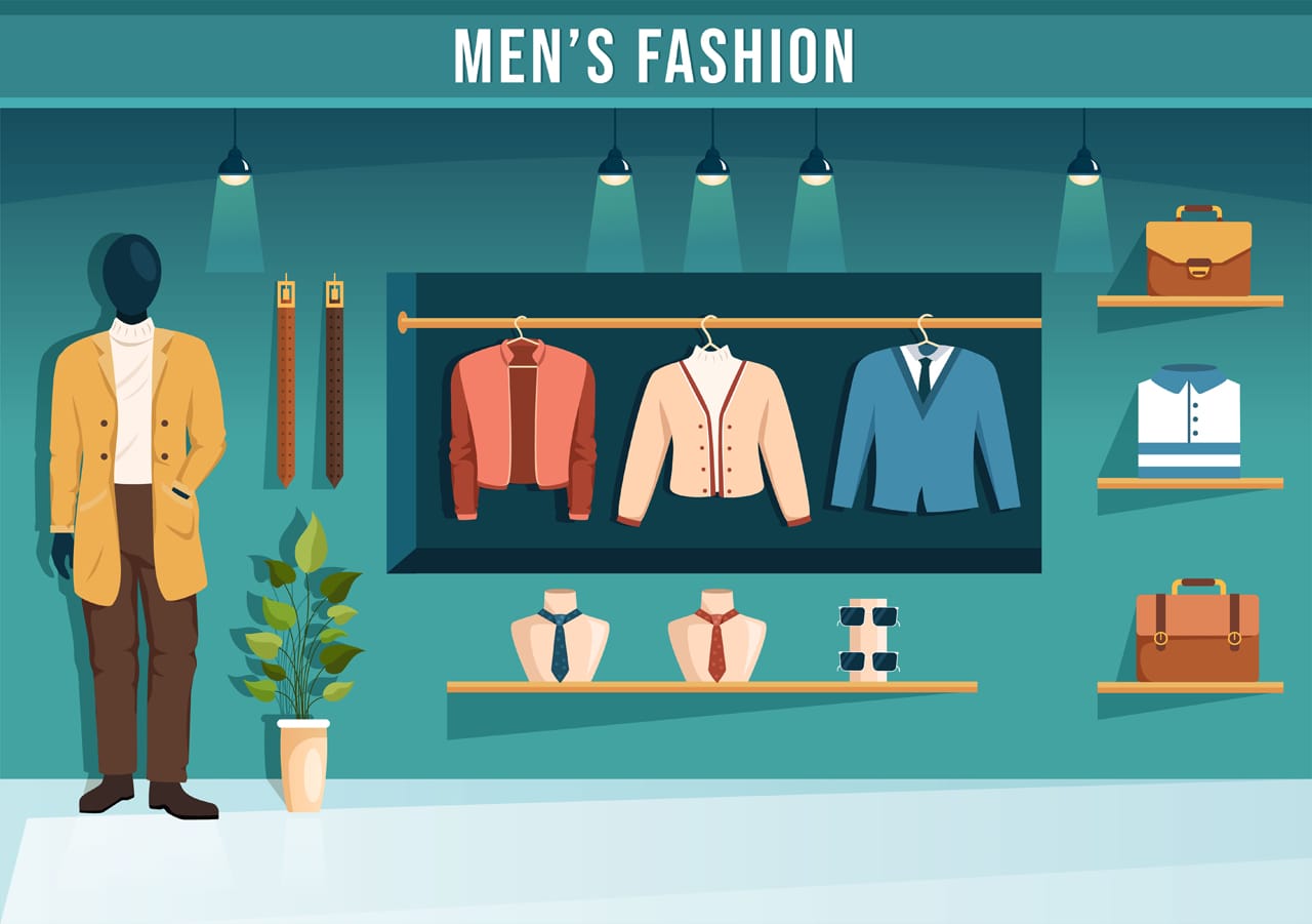 Fashion men outfit fashionable man clothes shop shopping flat cartoon image