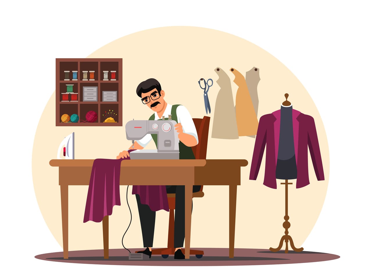 Man tailor sitting table sewing machine atelier studio workshop fashion designer profession job occupation