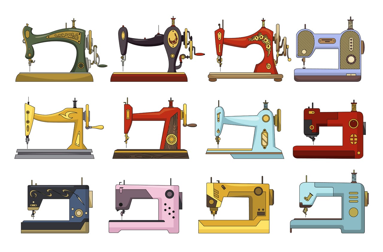 Sewing machines collection various design forms different colors retro modern machines sewing colorful equipment set