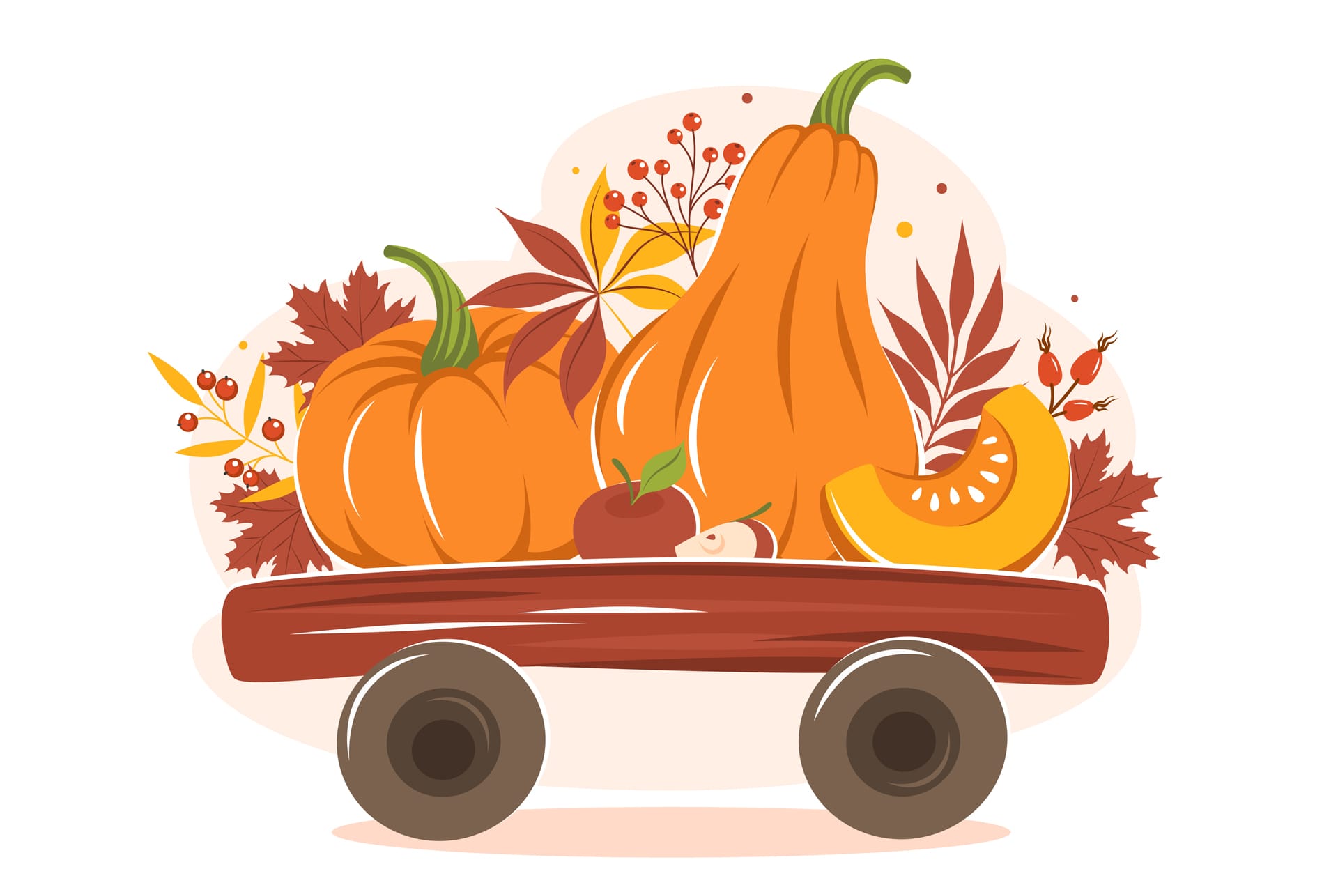 Card design with autumn colorful leaves harvest pumpkin fruit cart