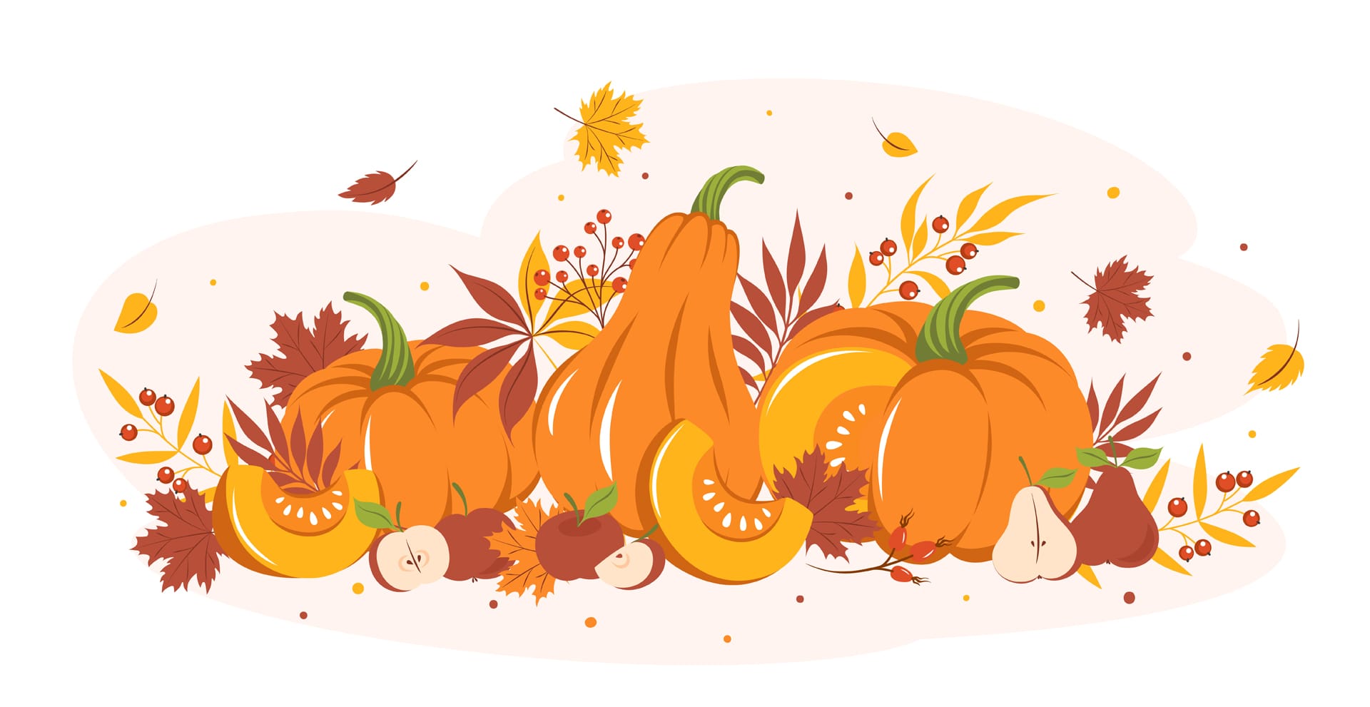Card design with autumn colorful leaves pumpkin fruit happy thanksgiving