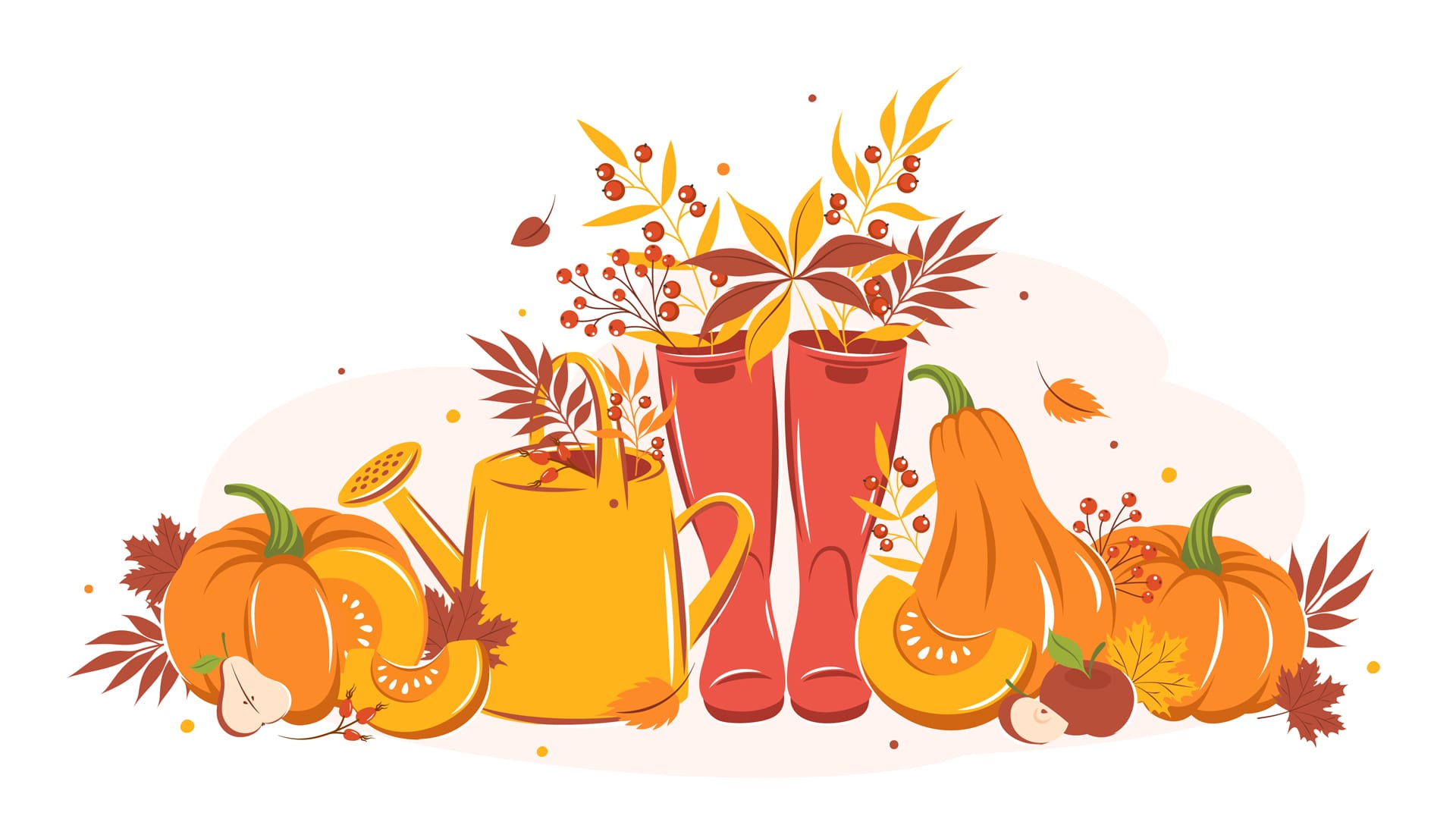 Happy thanksgiving holiday card with pumpkin fruit cute wellies boots