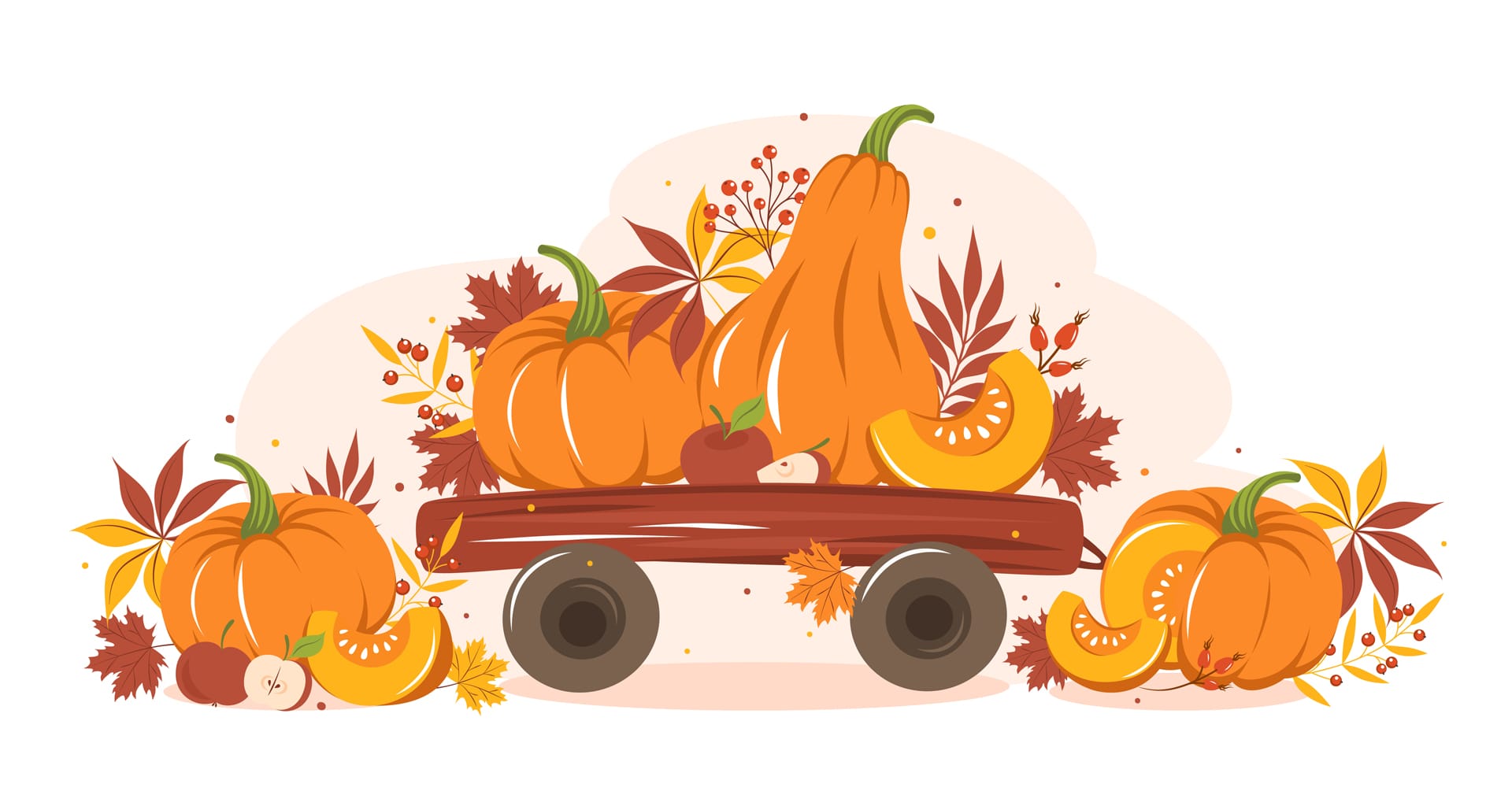 Harvest pumpkin fruit cart with autumn colorful leaves happy thanksgiving