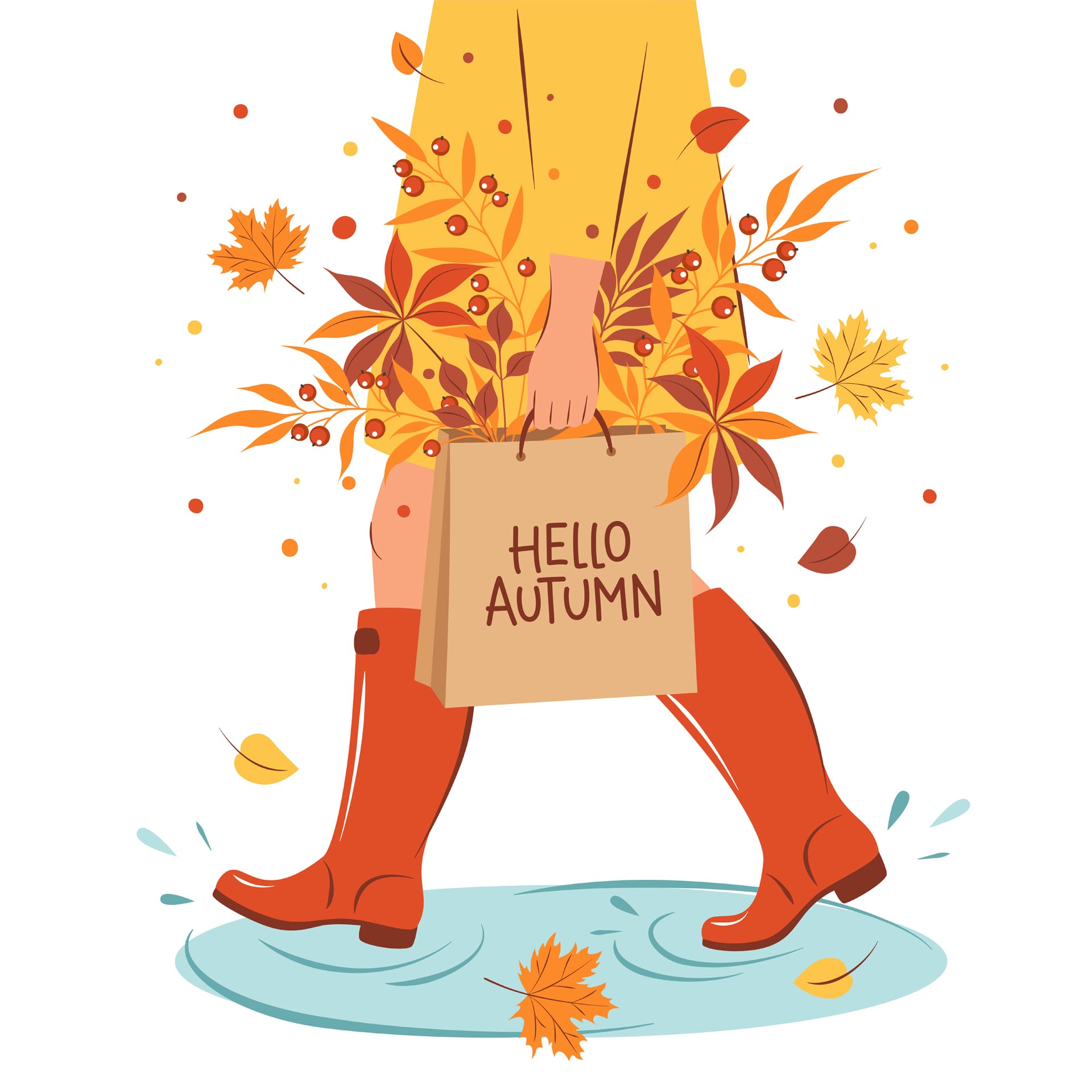 Hello autumn woman boots walks puddle keeps package with autumn