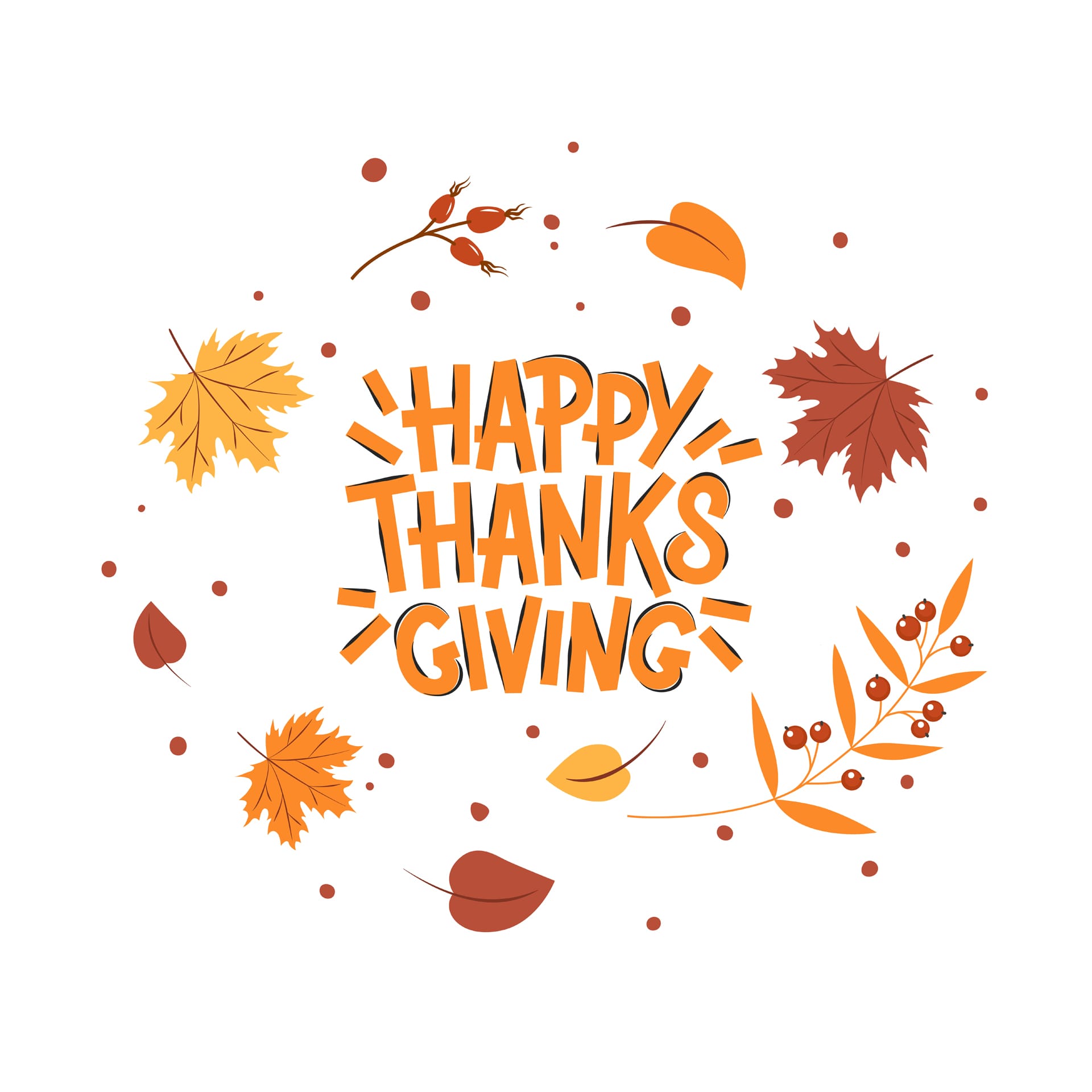 Lettering happy thanksgiving with beautiful bright leaves white background