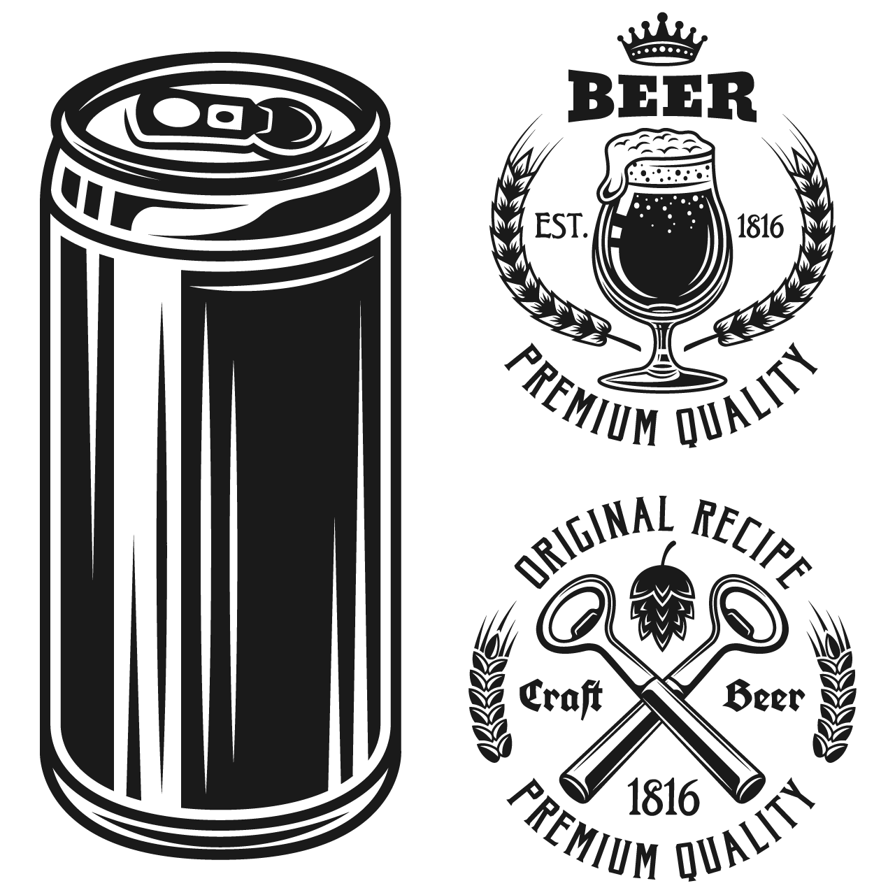 Beer can two emblems badges labels logos set elements isolated transparent background png
