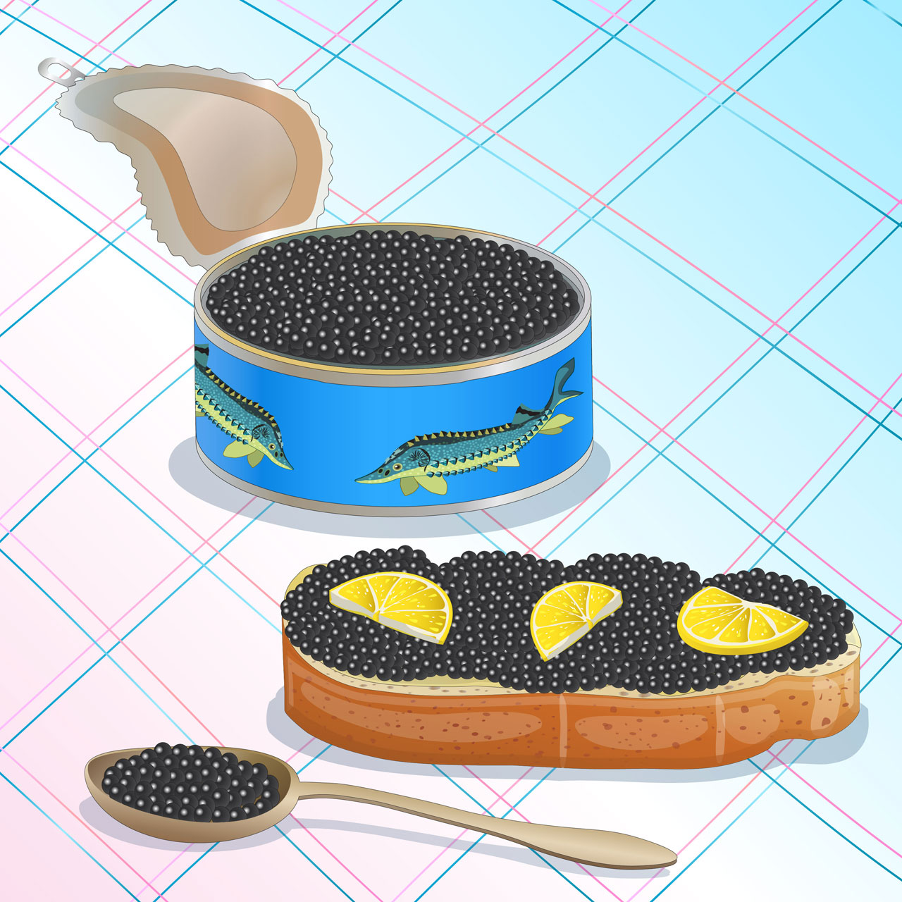 Black caviar sturgeon fish tin can with black caviar bread with butter black caviar