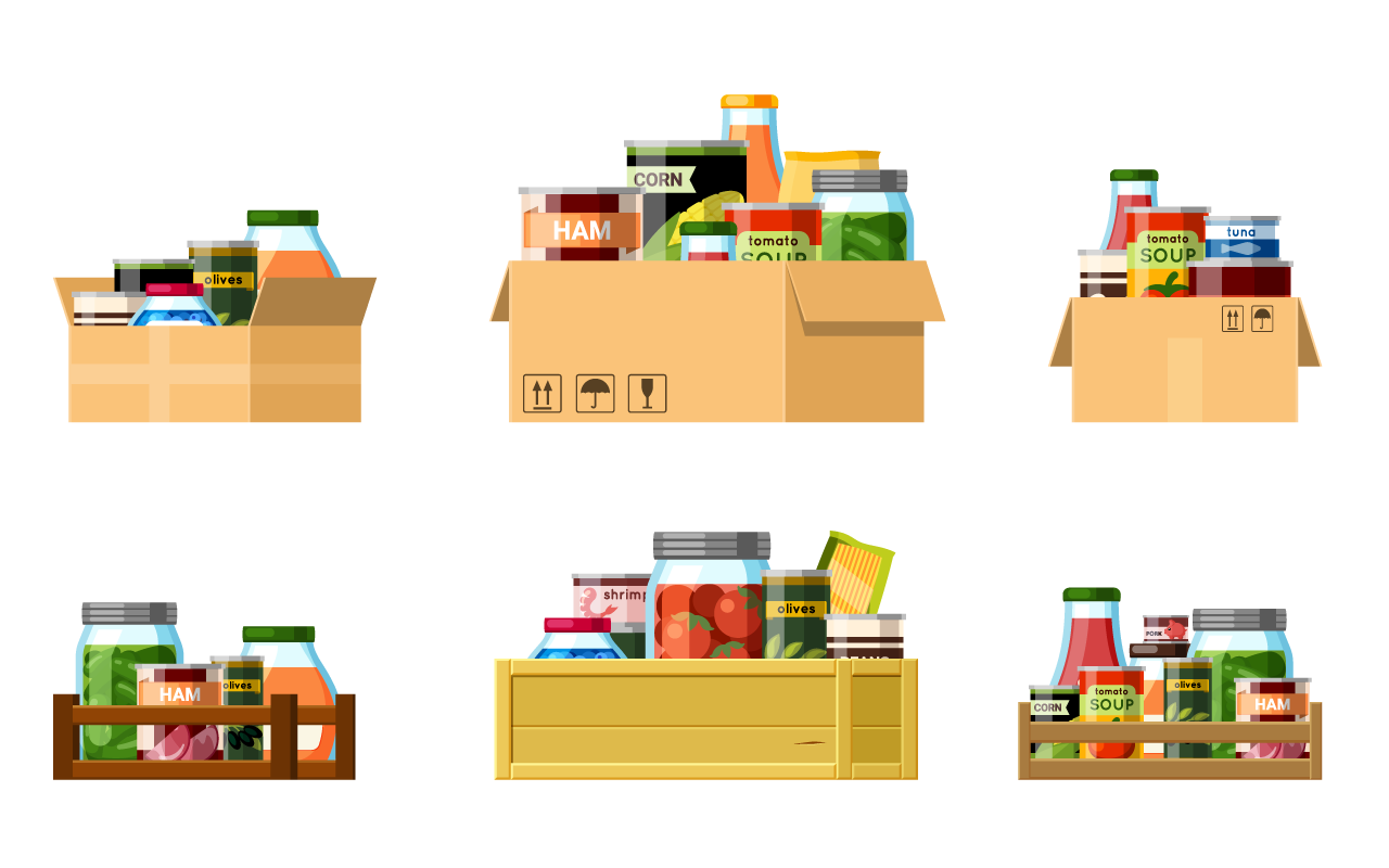 Boxes with canned food set packaged rations with necessary products long term storage cans farmers