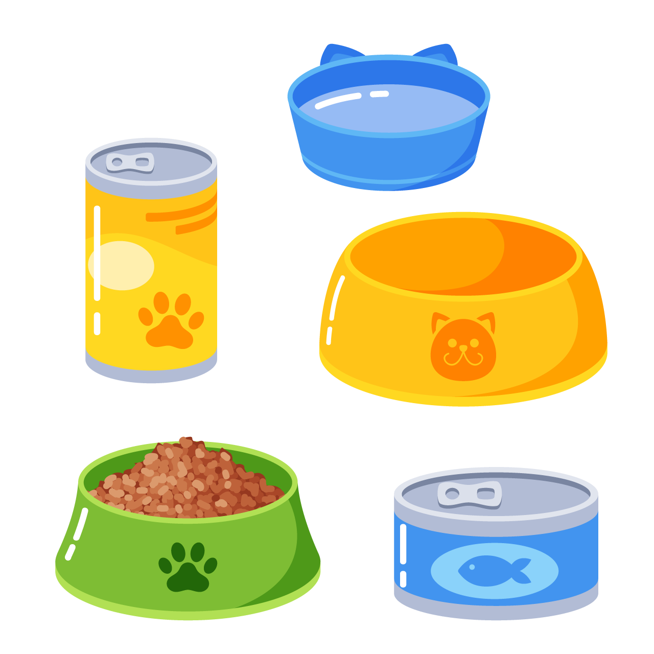 Set animal accessories isolated pet food icons package with dry feeding cats dogs plastic bowl with cookies