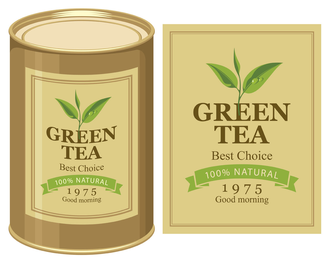 Tin clipart poster with green tea can label hand drawing sketch