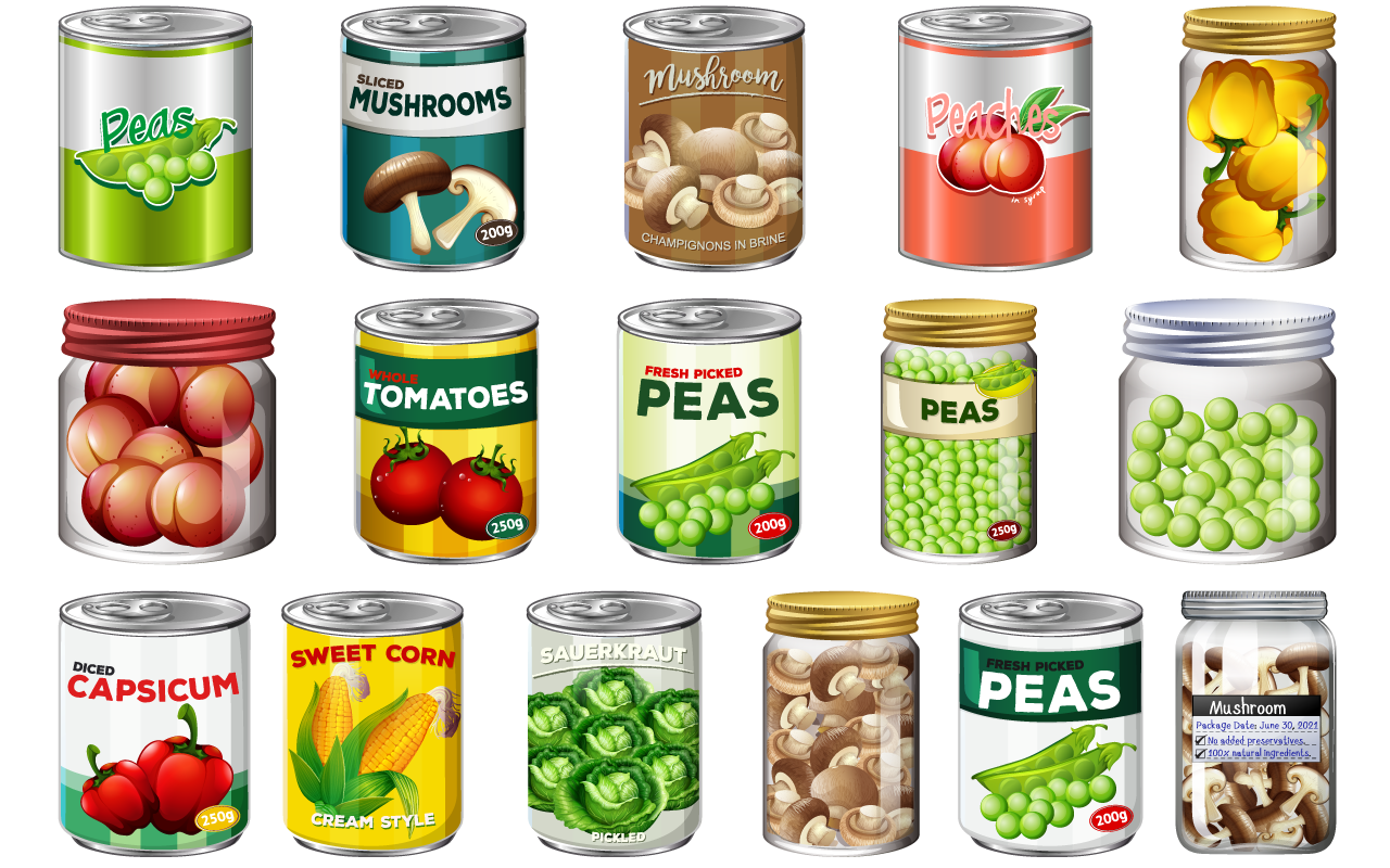 Tin clipart set different canned food cartoon image hand drawing sketch