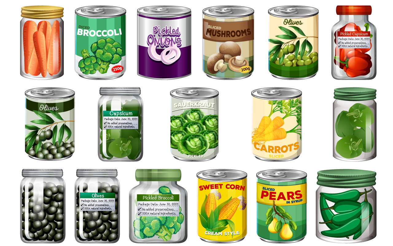 Tin clipart set different canned food jars transparent background png