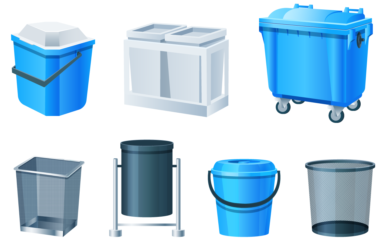 Waste bins basket trash can dustbin set metal plastic garbage containers transparent background png