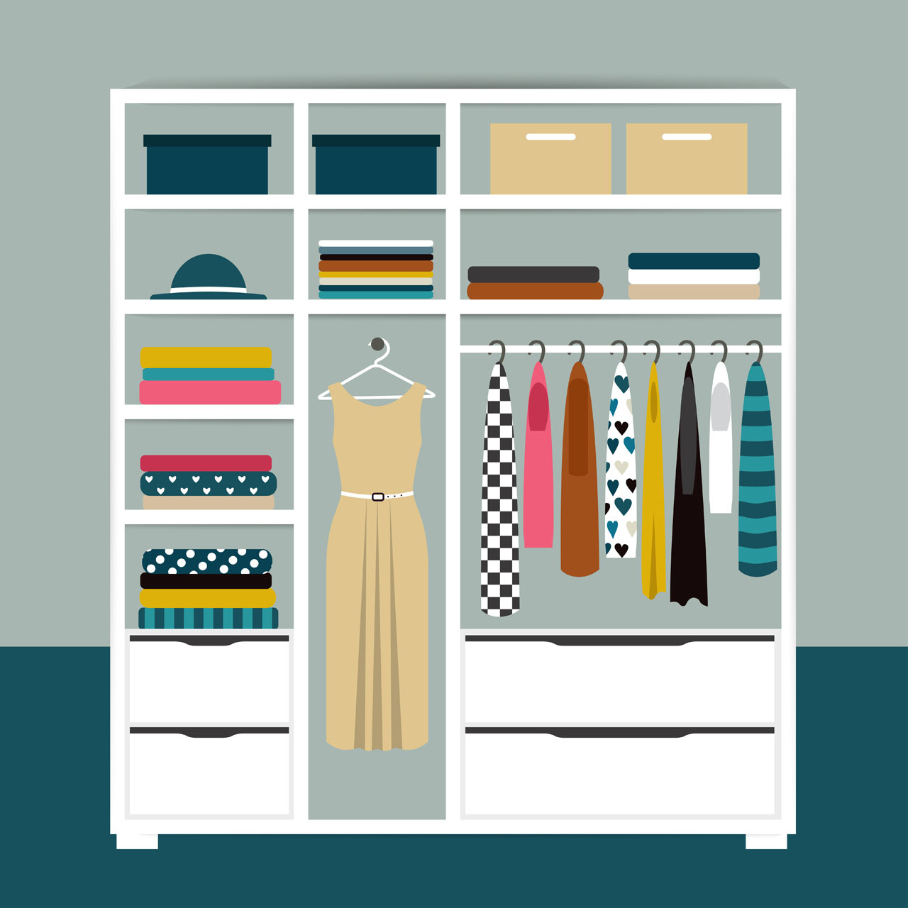 Capsule minimalistic open wardrobe wooden closet with tidy clothes shirts sweaters boxes shoes