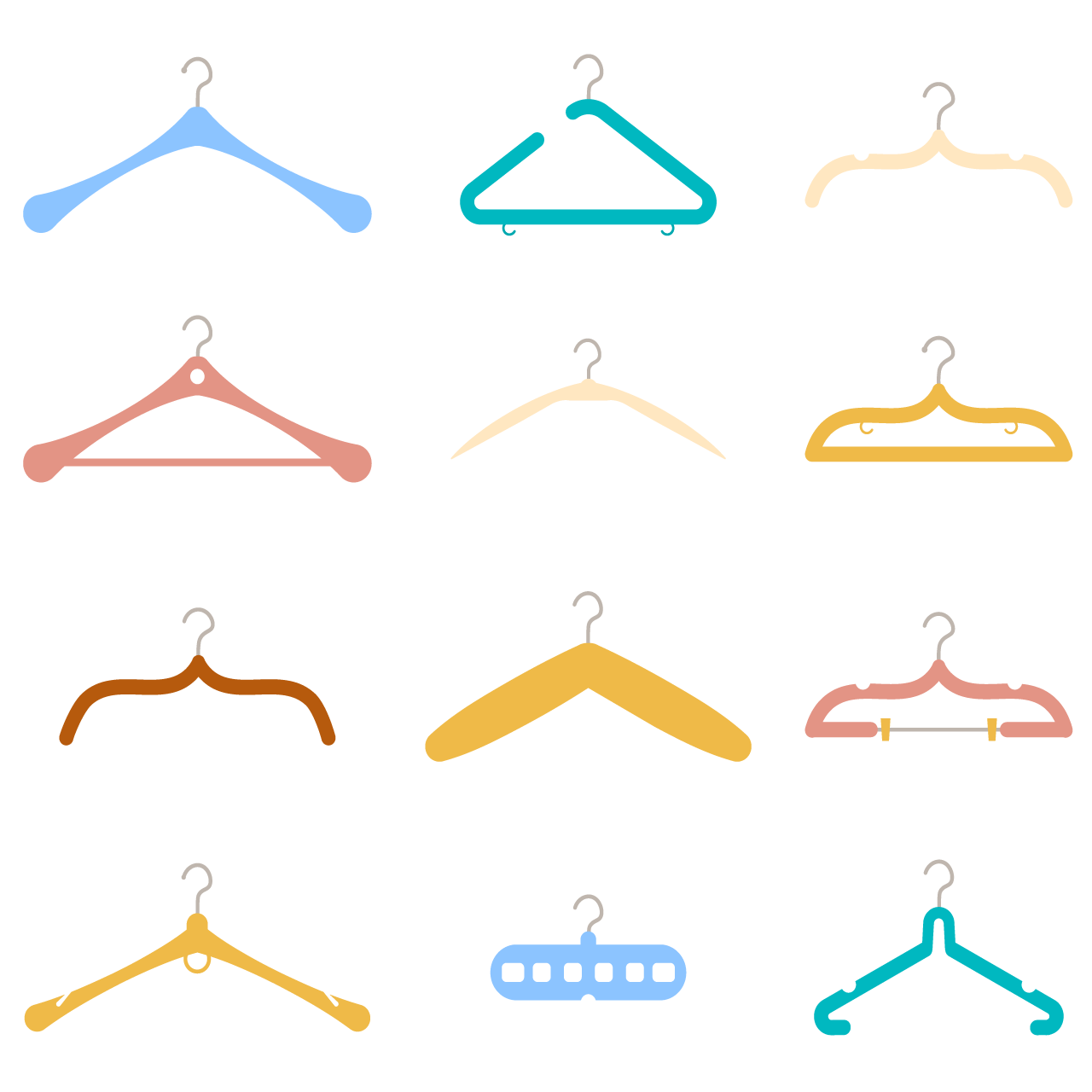 Fashion clothes wooden hanger cartoon flat icon set transparent background png