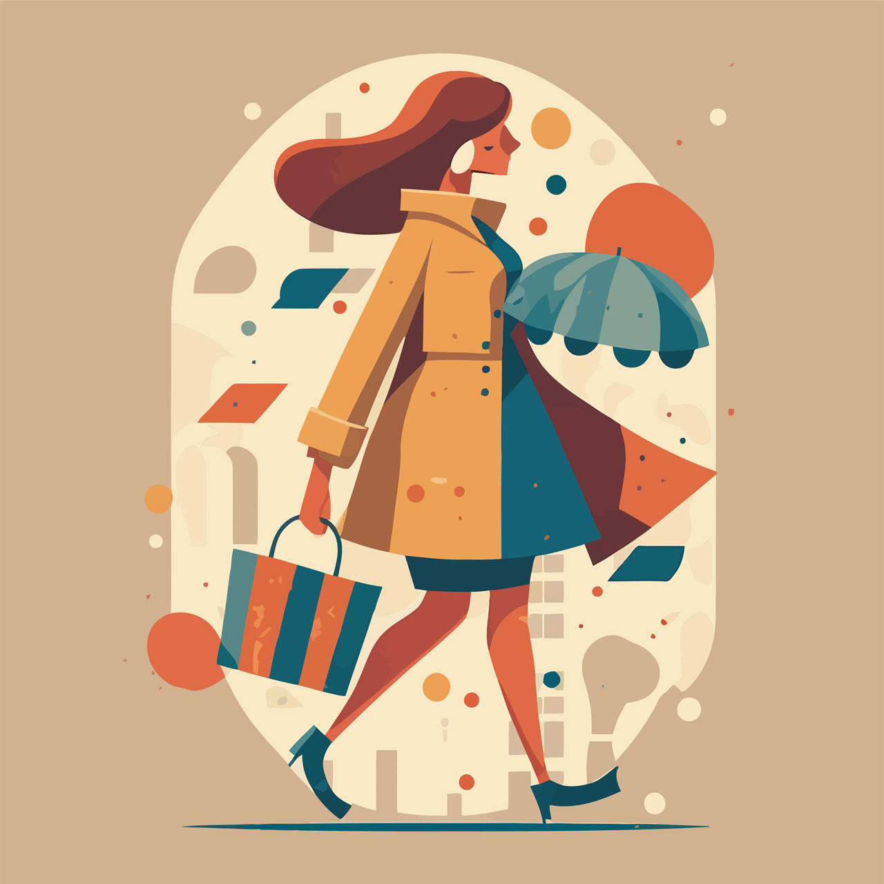 Fashionable woman shopping carrying bags concept cartoon image