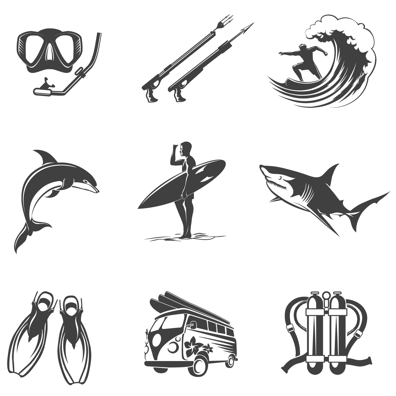 Beach icons black set summer vacation tourism signs leisure hunting dolphins sharks fins scuba spearfishing surfing diving