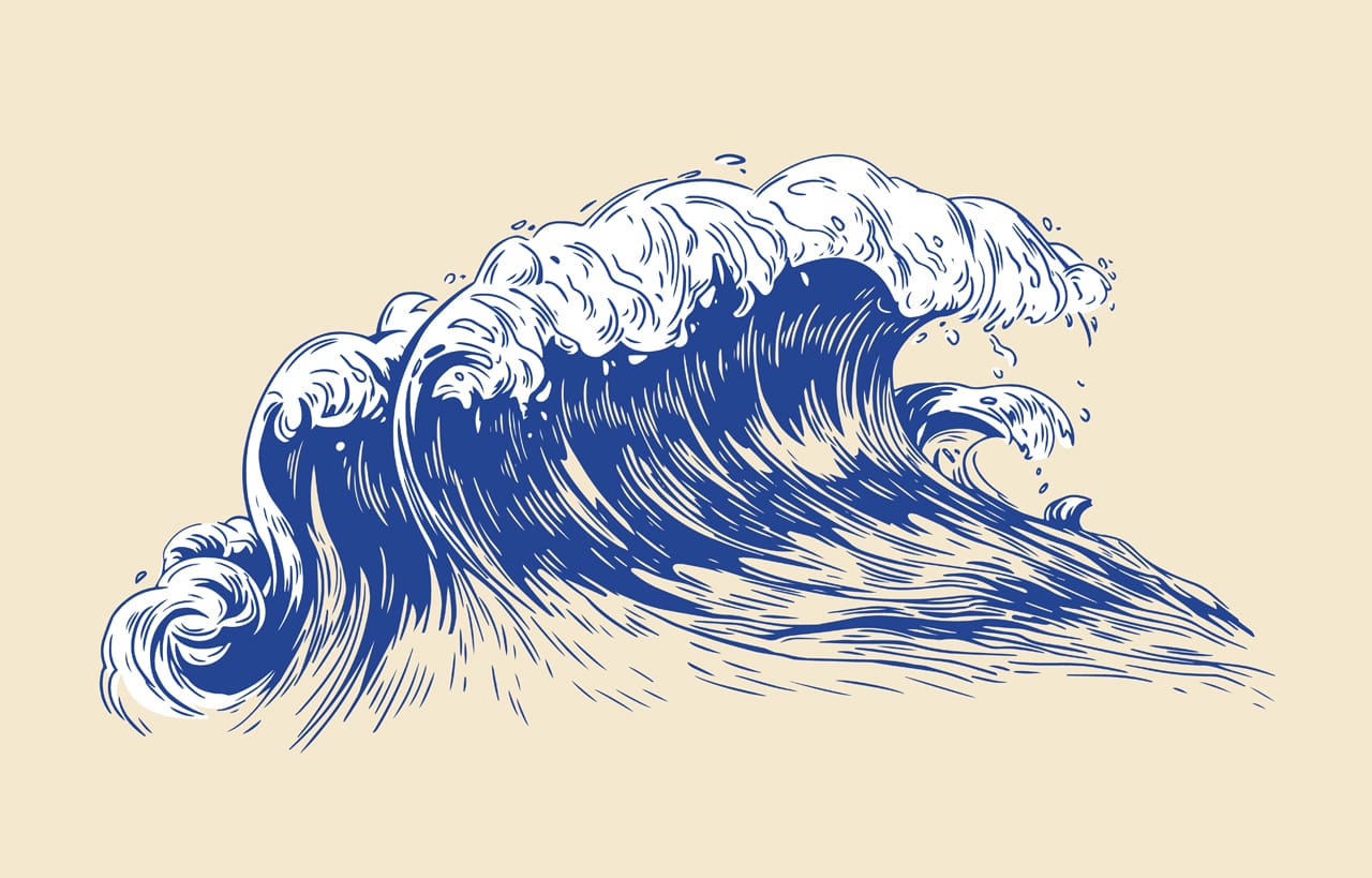 Elegant colored drawing sea ocean wave with foaming crest isolated light background oceanic tide wash swash seawater saltwater