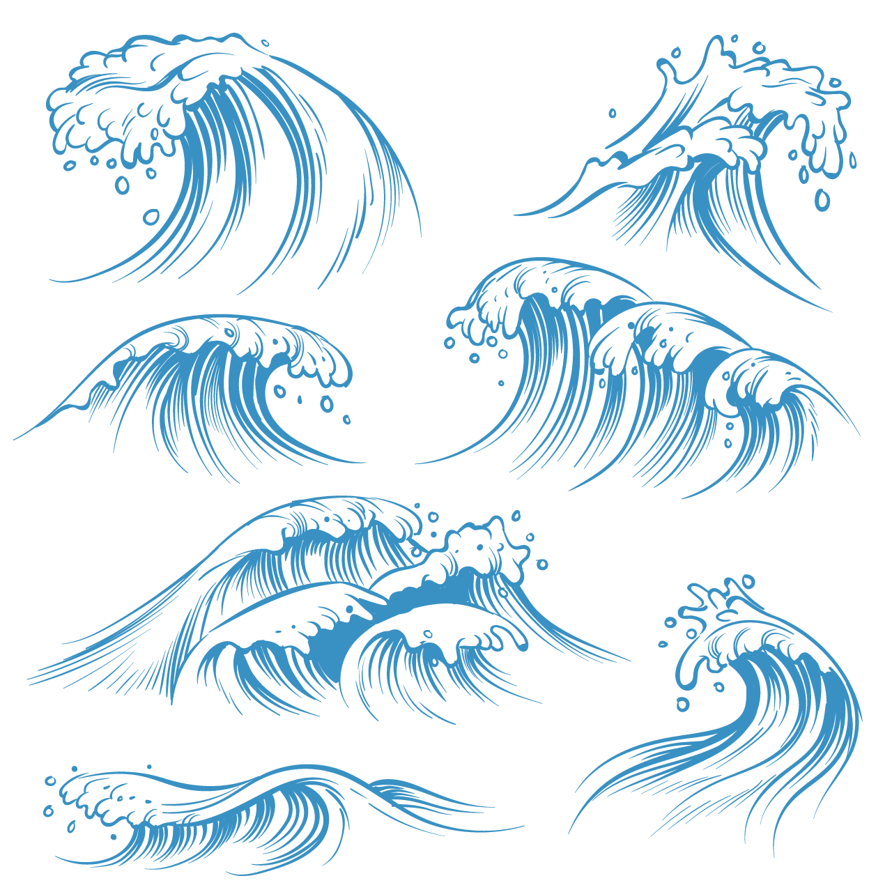 Hand drawn ocean waves sketch sea waves tide splash hand drawn surfing storm wind water doodle vintage elements