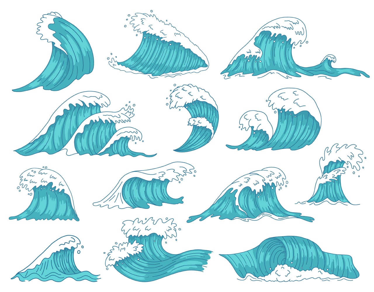 Oceanic waves sea hand drawn tsunami storm waves marine water shaft surfing waves icons set