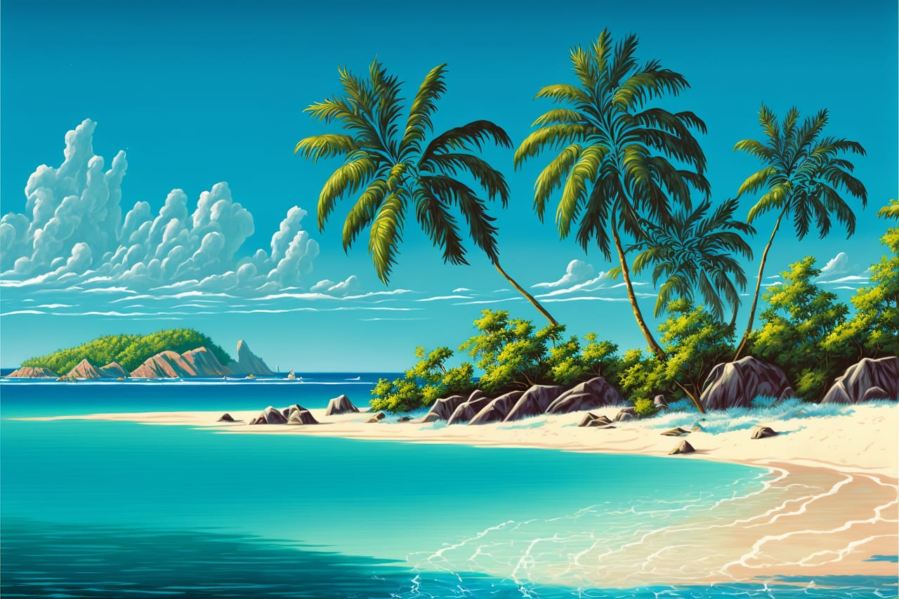 Related image beach landscape with blue water palm trees digital fine art