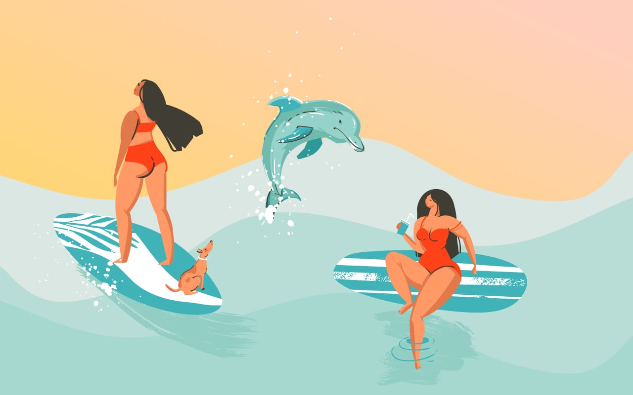 Summer time with surfer girls bikini with dog blue ocean waves cartoon image