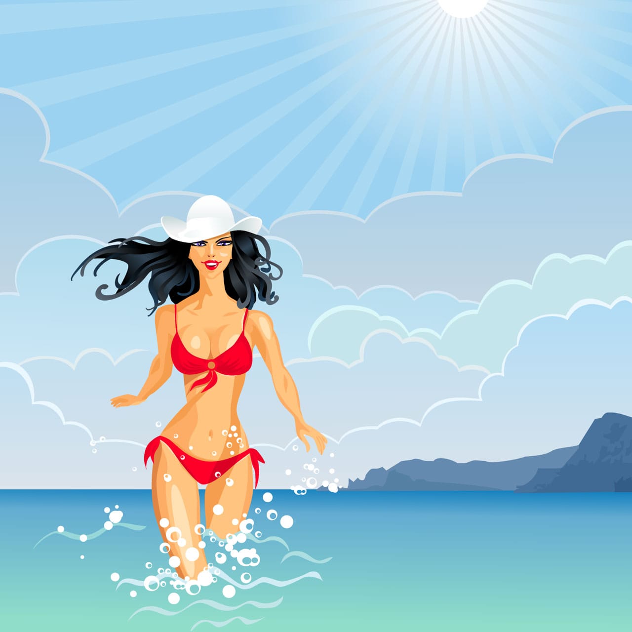 Wave clipart beautiful brunette girl with long hair white hat red bathing suit enters sea